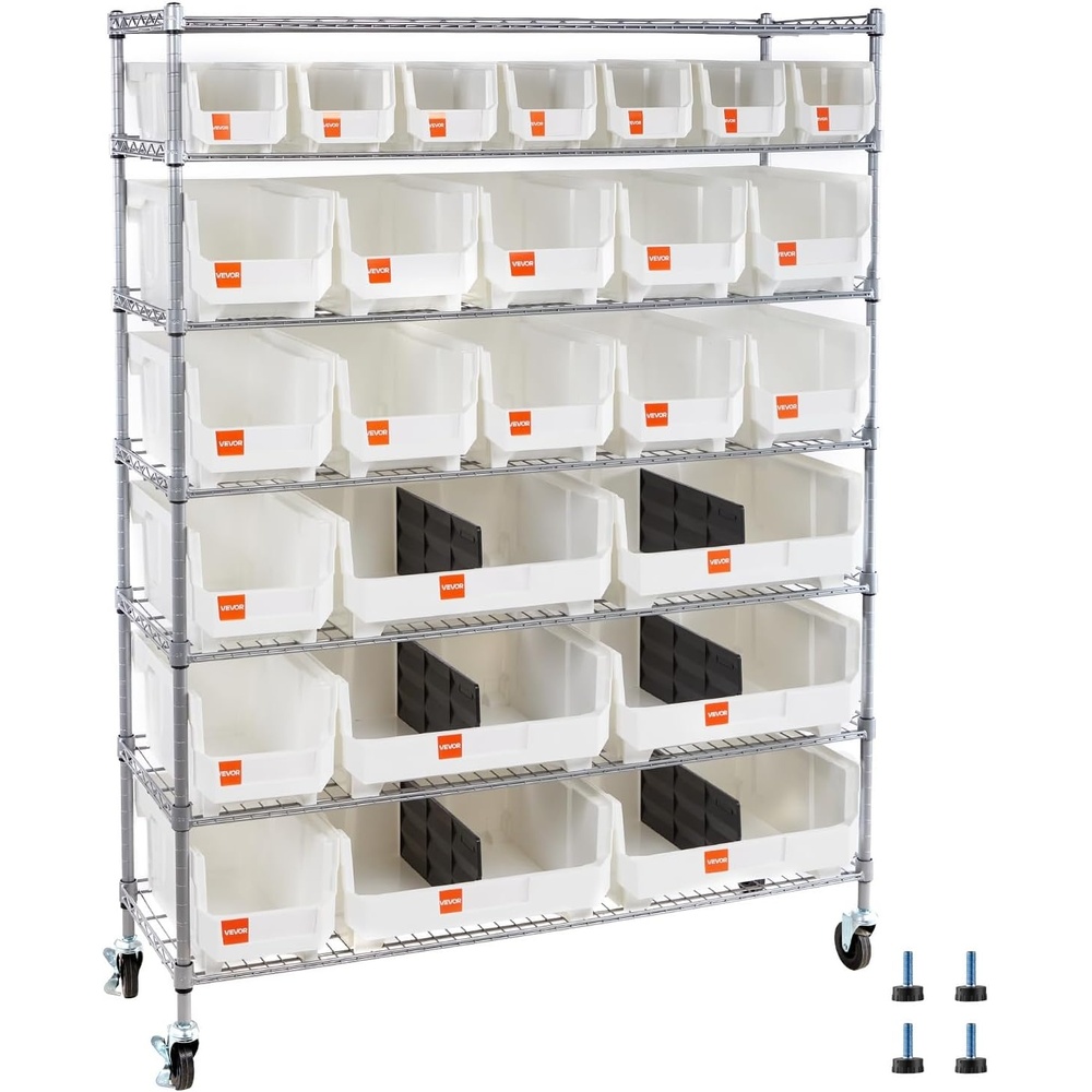 image:imageVEVOR 7Tier Rolling Bin Storage Rack 24 Small Bins Bin Rack Storage Steel Wire Shelving System with Wheels Mobile Tool Organizer for Garage Warehouse Office Restaurant Classroom Kitchen7Tier 26 Bins