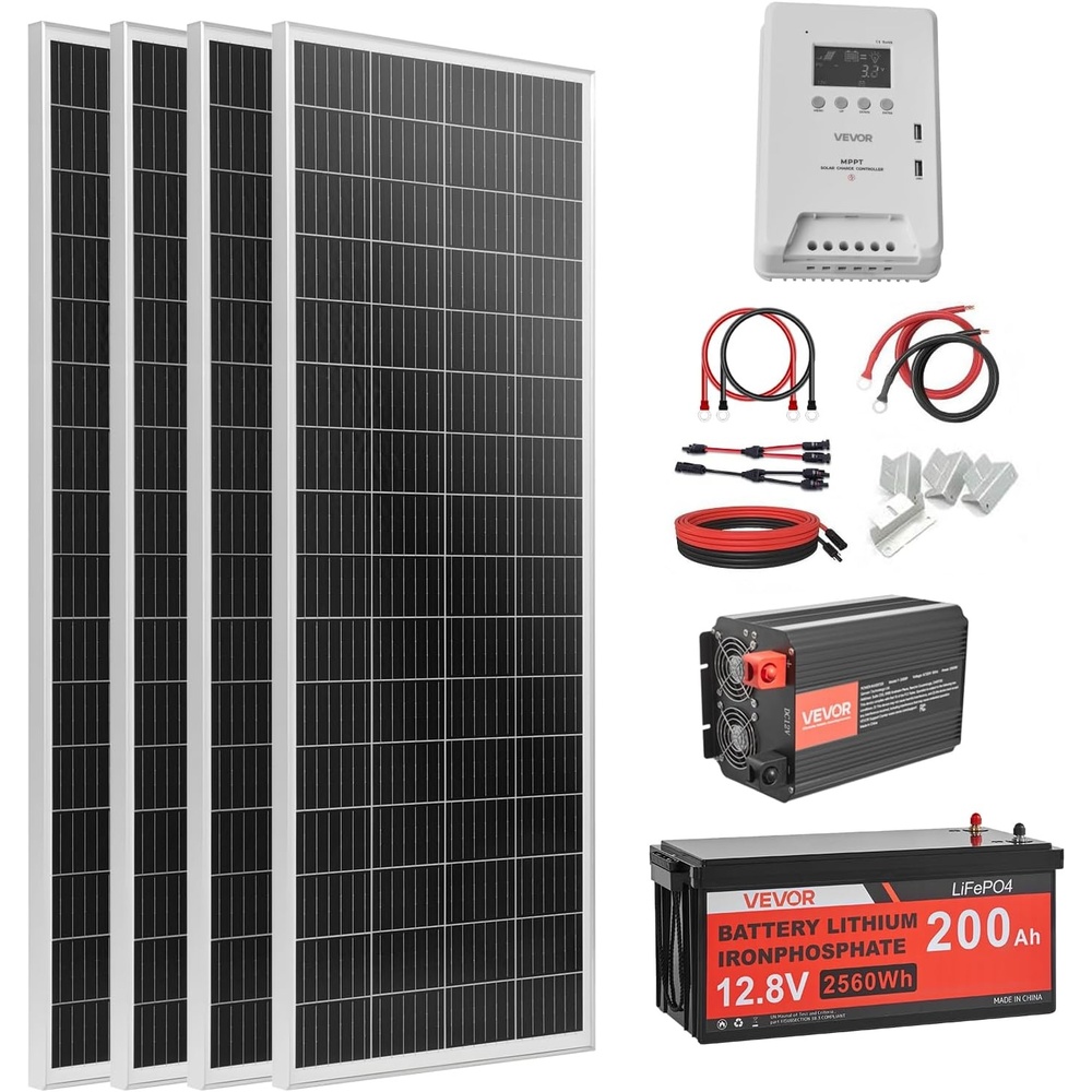 image:imageVEVOR 800W 12V Complete Solar Power Kit 4  200W Monocrystalline Solar Panels  128V 300Ah LiFePO Battery  60A MPPT Charge Controller  2000W Power Inverter for Home Small Farm Cabin OffGrid400W