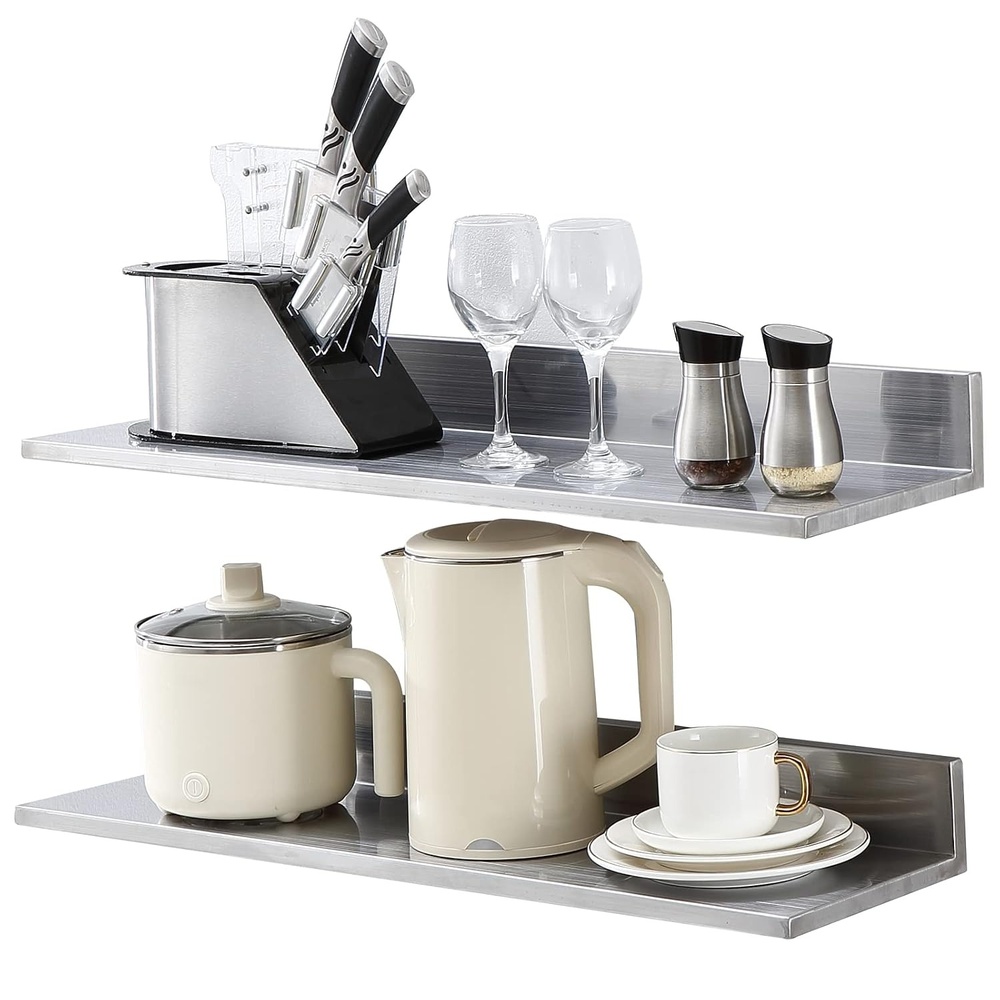 image:imageVEVOR 86 x 24 2Pack Stainless Steel Shelf Wall Mounted Floating Shelving with Backsplash 44 lbs Load Capacity Commercial Shelves Heavy Duty Storage Rack for Restaurant Kitchen Bar Home86 x 302PCS