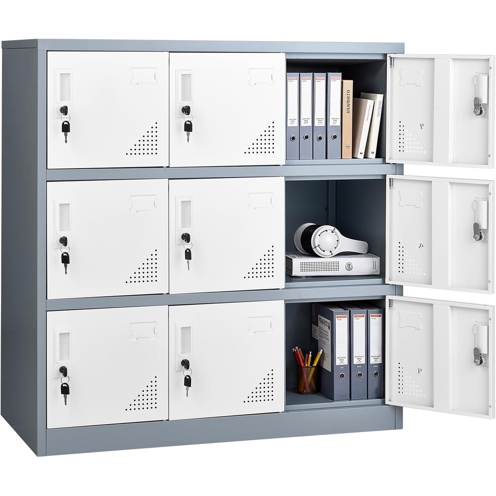 image:imageVEVOR 9 Doors Metal Locker for Employees Steel Locking Storage Cabinet with Card Slot and Ventilation 2 Keys for Each Door Employee Lockers for Office School Gym Home Easy Assembly BlueampBlackGrey  White