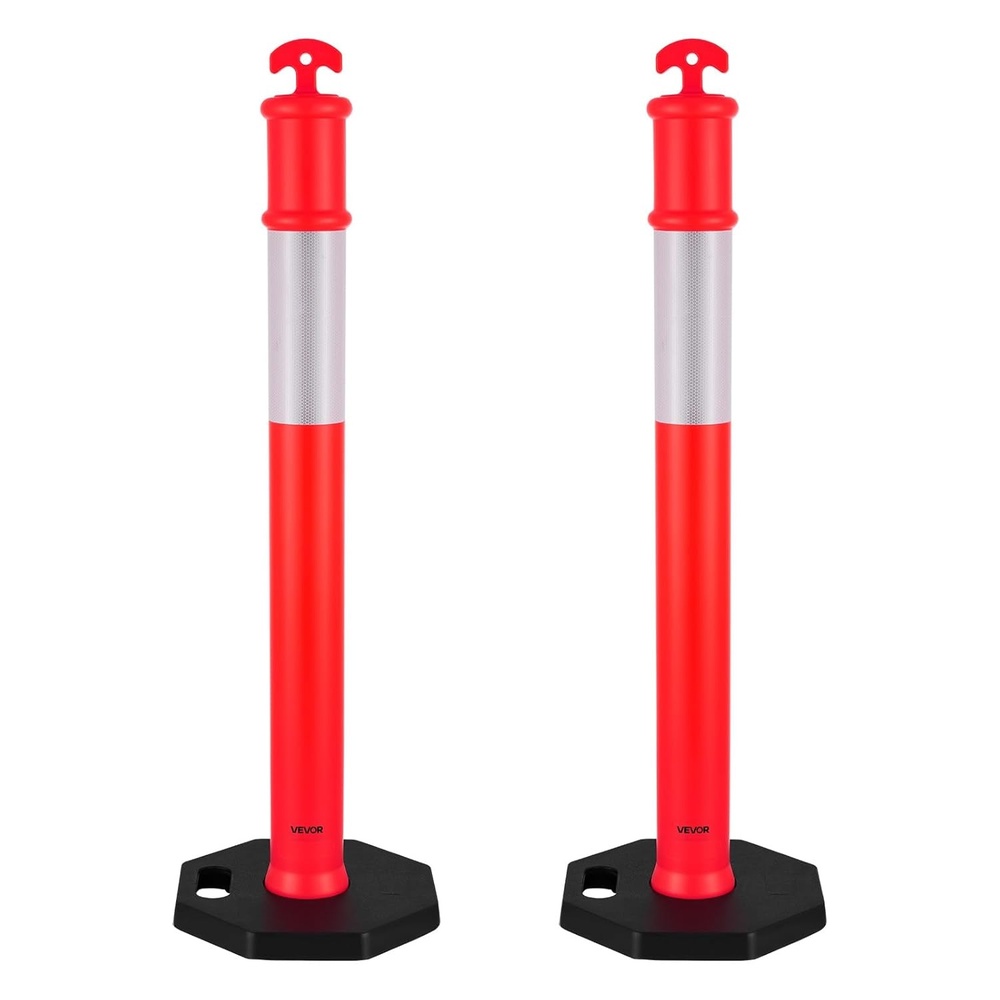 image:imageVEVOR 9 Pack Traffic Delineator Posts 45 inches Traffic Safety Cones with Weighted Base and Reflective Strips Heavy Duty Delineator Posts for Construction Site Parking Lot Crowd Control RedRed