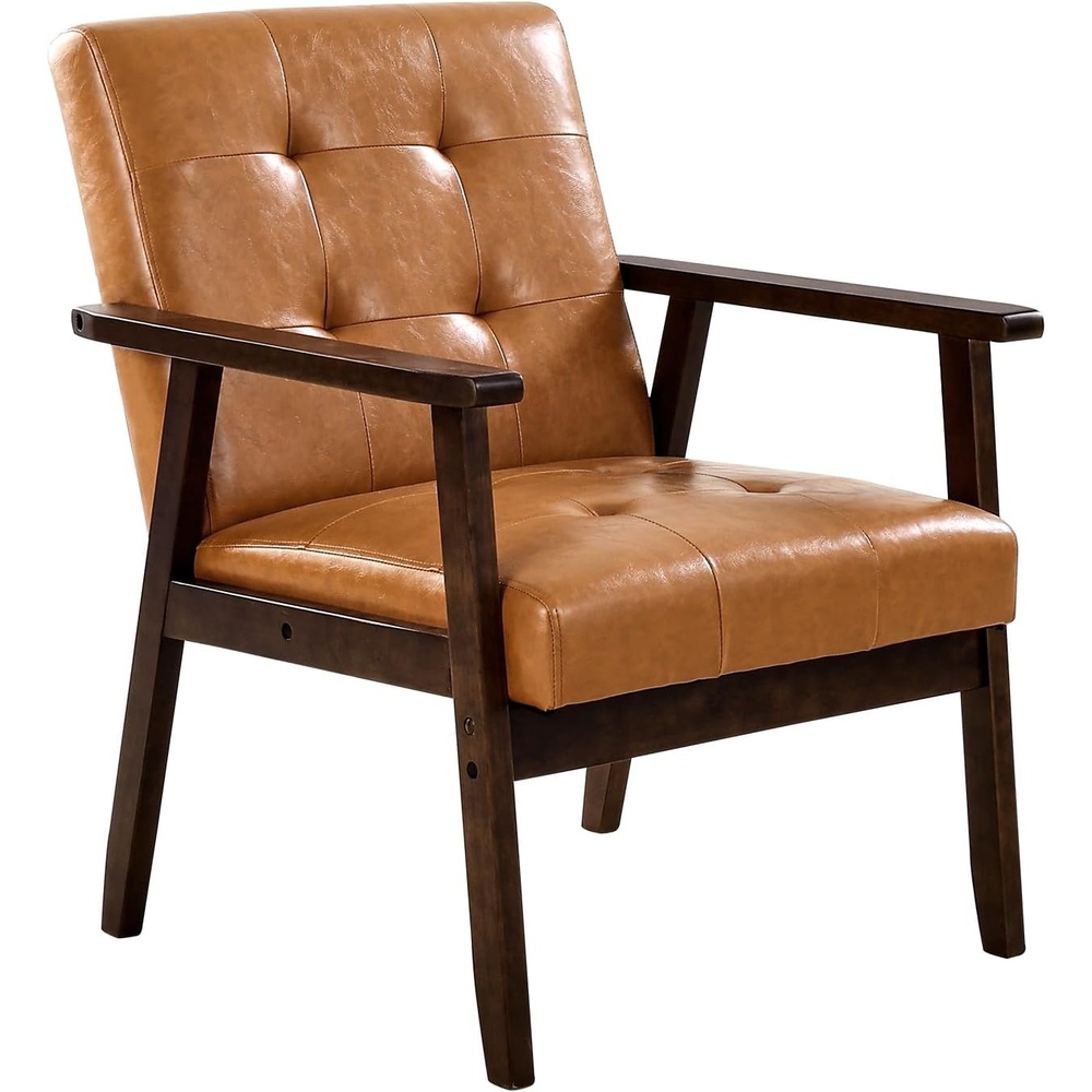 image:imageVEVOR Accent Chair Mid Century Modern Armchair with Solid Wood Frame and NonSlip Legs Upholstered Leisure Chair with PU Leather and Soft Cushion for Living Room Bedroom Office