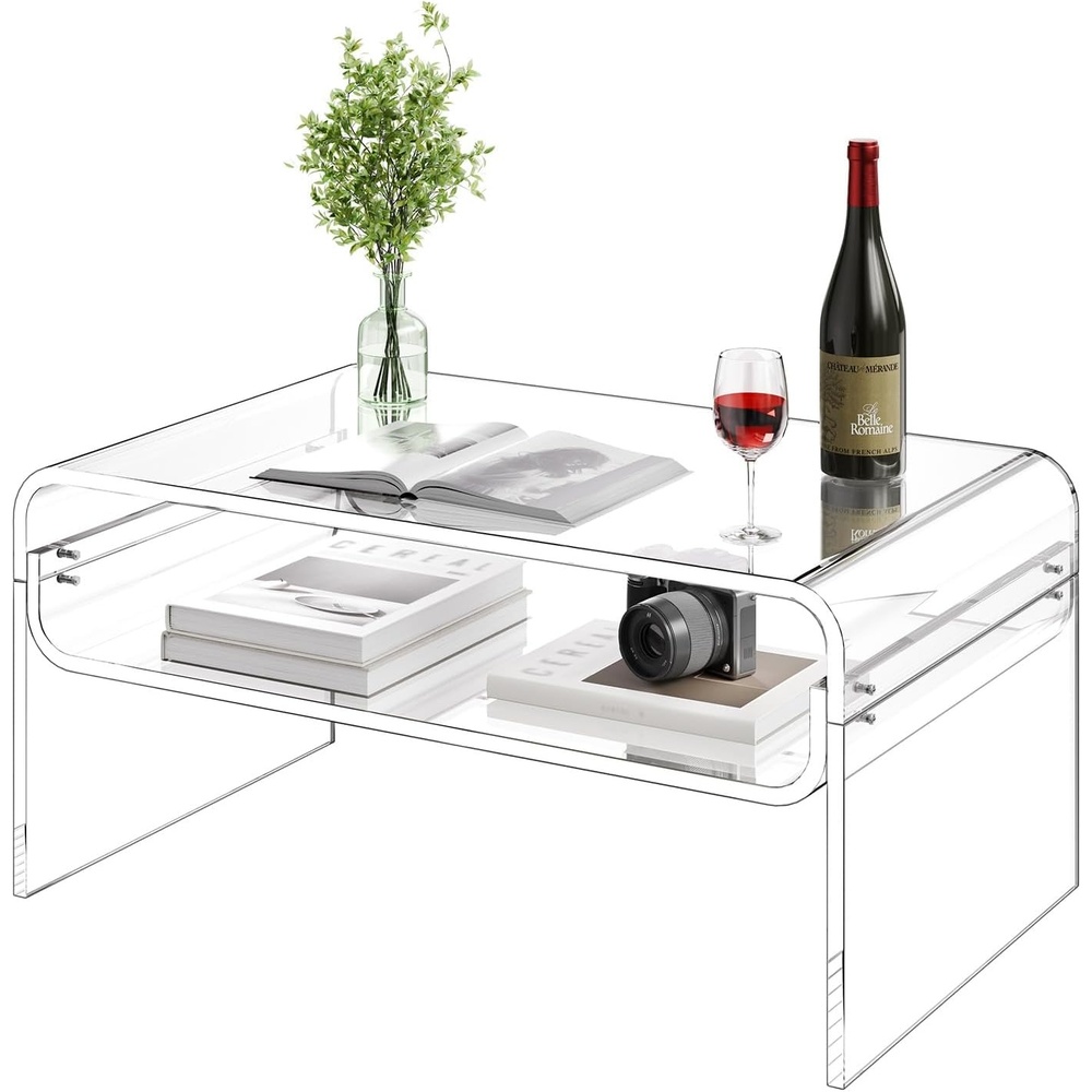 image:imageVEVOR Acrylic Coffee Table Modern Waterfall Center Table with Open Storage Shelf Clear Rectangle Lucite Desk for Living Room Office Reception 315 W x 197 D x 15 H Large