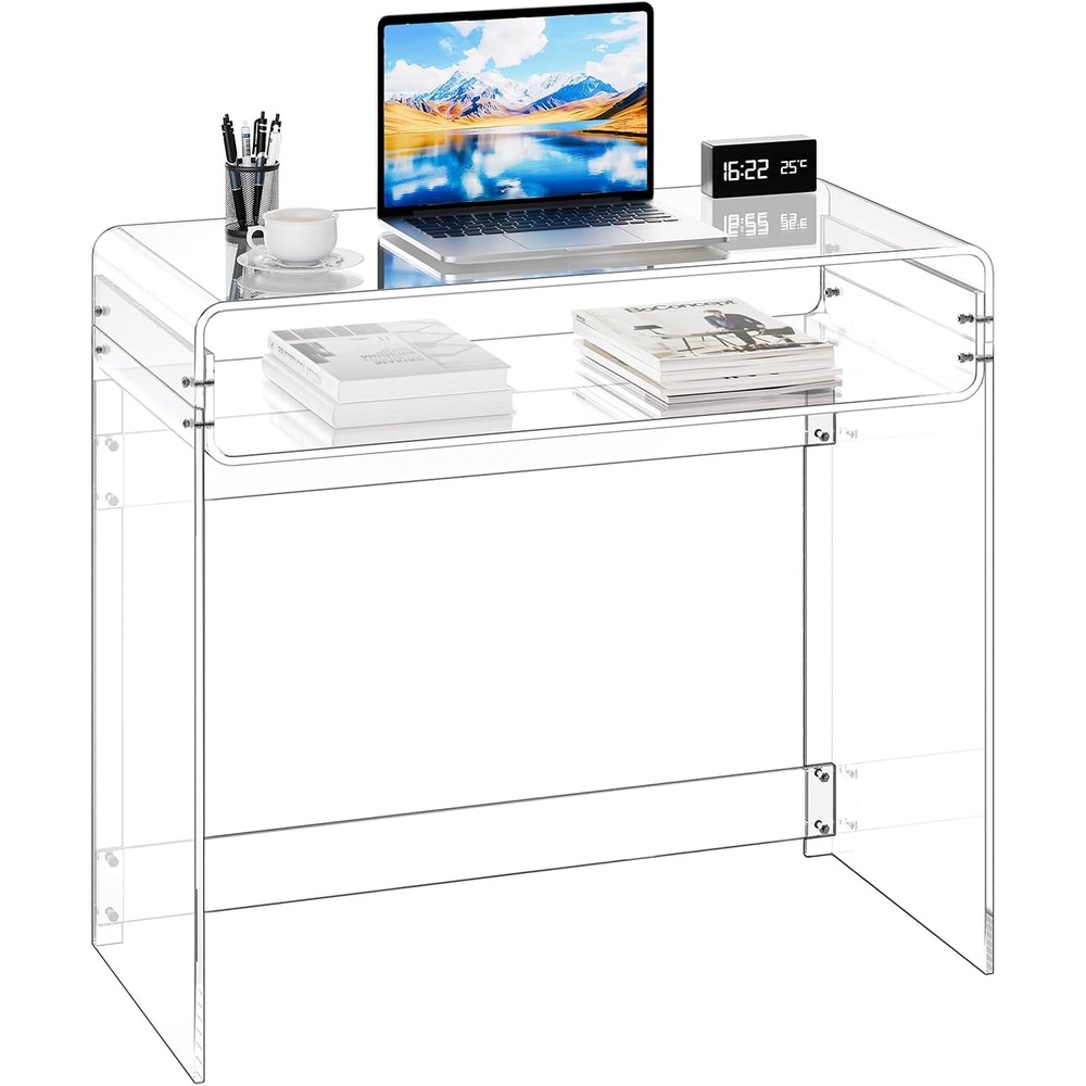 image:imageVEVOR Acrylic Desk Clear Laptop Study Desk with Storage Shelf Modern Transparent Console Table for Home Office Living Room Bedroom Entryway 335 W x 157 D x 295 H