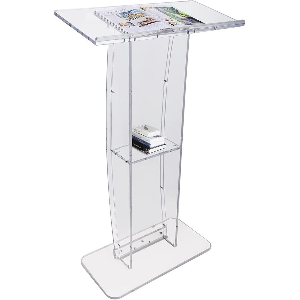 image:imageVEVOR Acrylic Podium 47 Clear Acrylic Podium Stand with Wide Reading Surface amp Storage Shelf FloorStanding Clear Pulpits Acrylic for Church Office School47 White