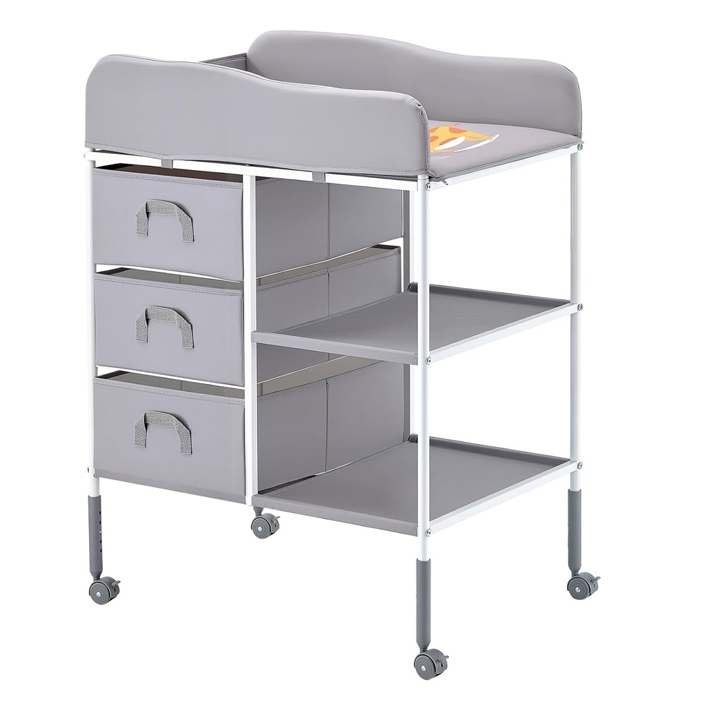 image:imageVEVOR Baby Changing Table Adjustable Height Diaper Change Station with 3 Fabric Drawers amp Lockable Wheels Portable Multifunctional Changing Station Table with Storage Organizer Nursery Gray