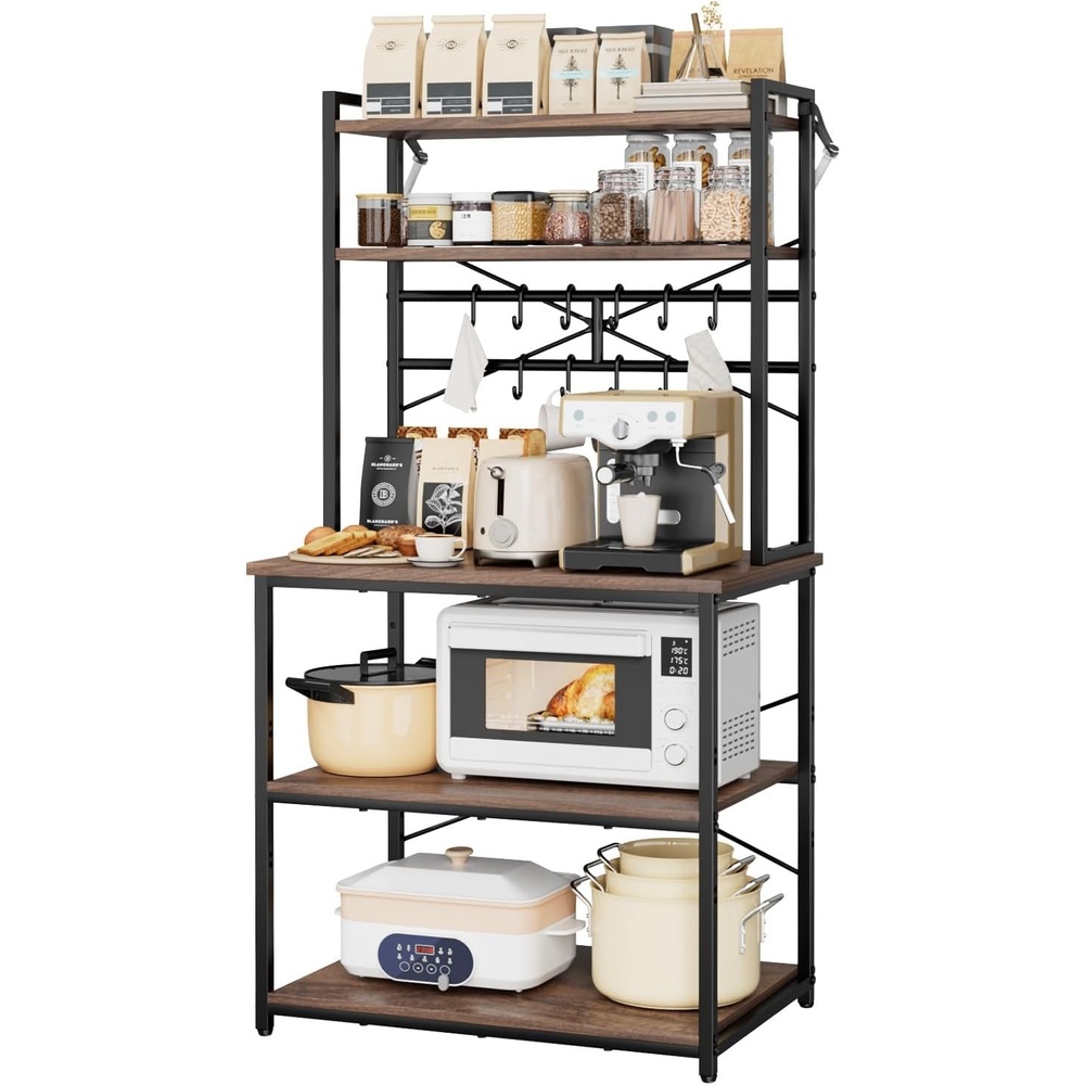 image:imageVEVOR Bakers Rack 354 inch Width Microwave StandKitchen Stand with XShaped Support Bar amp 5 SShaped HooksKitchen Storage Shelf for Dish Storage Spice Jars Coffee Bar Organization315 x 157 x 637