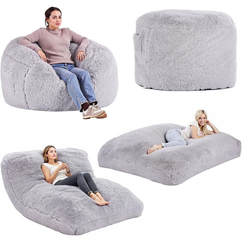 image:imageVEVOR Bean Bag Bed Chair Convertible Chair from BeanBag to Lounge or Mattress Gaint Bean Bag Chair Bed with Washable Cover for Adults Fluffy Plush Foam Filling and Side Pocket GreyFull SizeQueen