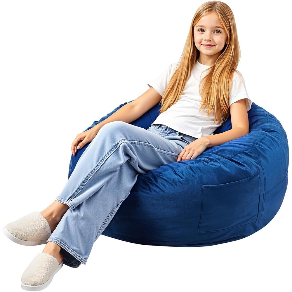 image:imageVEVOR Bean Bag Chair 3 feet Round Bean Bag Chair with Removable and Washable Cover 25D Memory Foam Filled with Soft and Smooth Dutch Velvet Bean Bag for Bedroom or Playroom BlueBlue