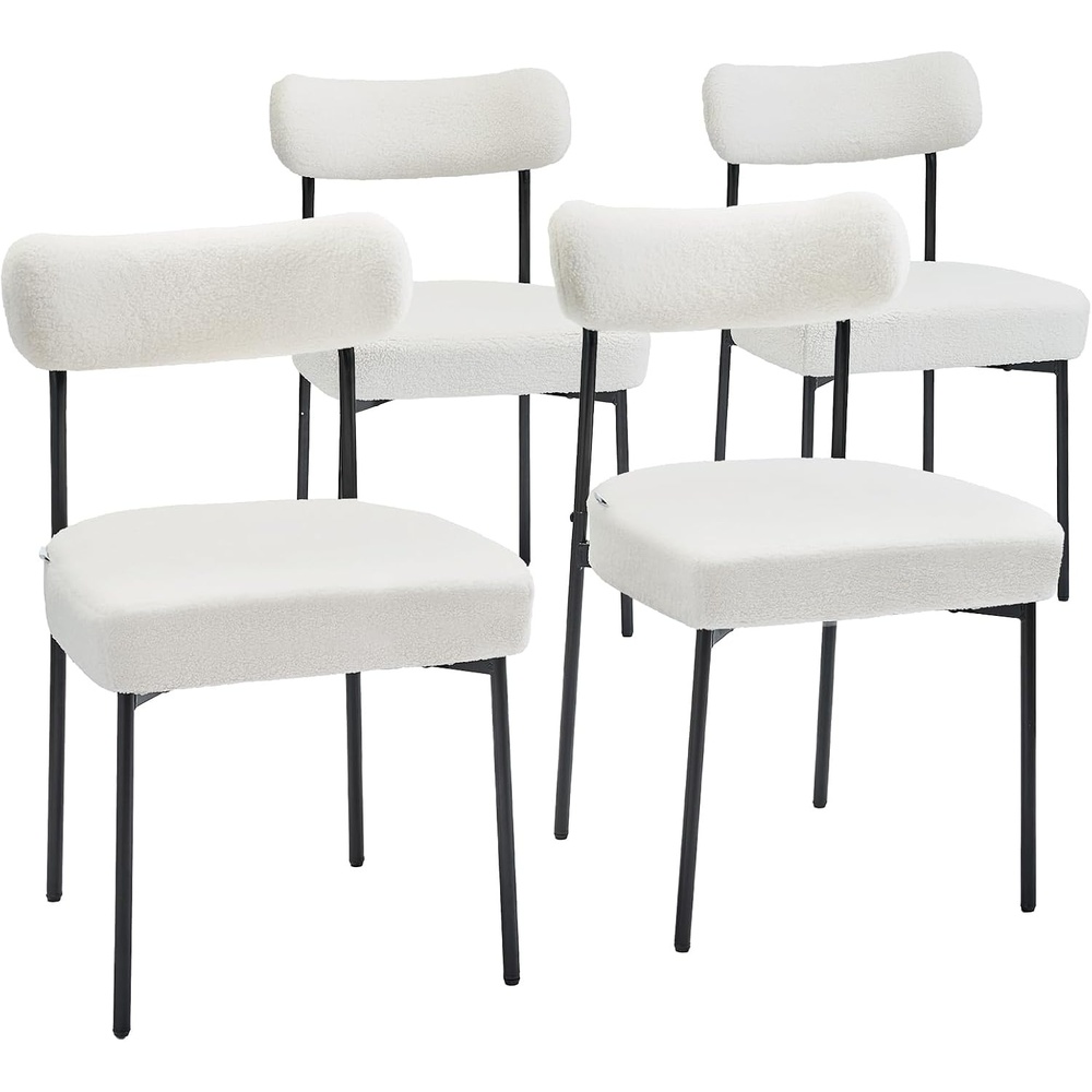 image:imageVEVOR Boucle Dining Chairs Set of 2 Mid Century Modern Sherpa Accent Chairs Upholstered Side Chair for Dining Room SpaceSaving White Kitchen Chair with Curved Backrest and Black Metal LegsSet of 4