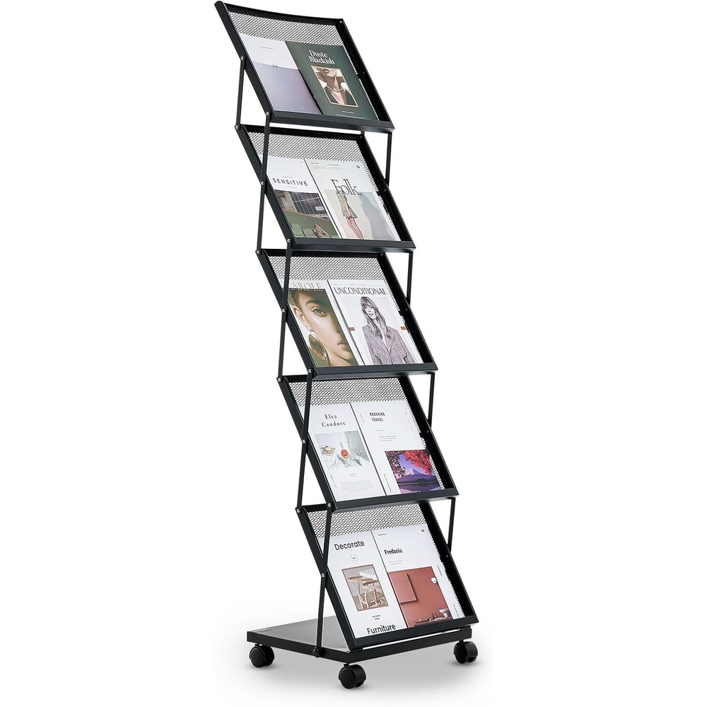 image:imageVEVOR Brochure Display Rack Foldable 5 Pockets Magazine Literature Display Stand Movable Floor Standing Magazine Rack with Wheels Metal Newspaper Catalog Holders for Shop Exhibitions Office Show5 Pockets