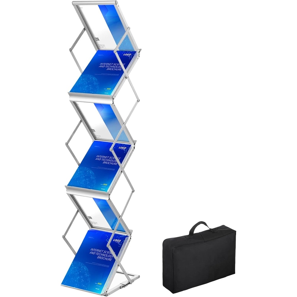 image:imageVEVOR Brochure Display Rack Foldable 5 Pockets Magazine Literature Display Stand Movable Floor Standing Magazine Rack with Wheels Metal Newspaper Catalog Holders for Shop Exhibitions Office Show6 Pockets