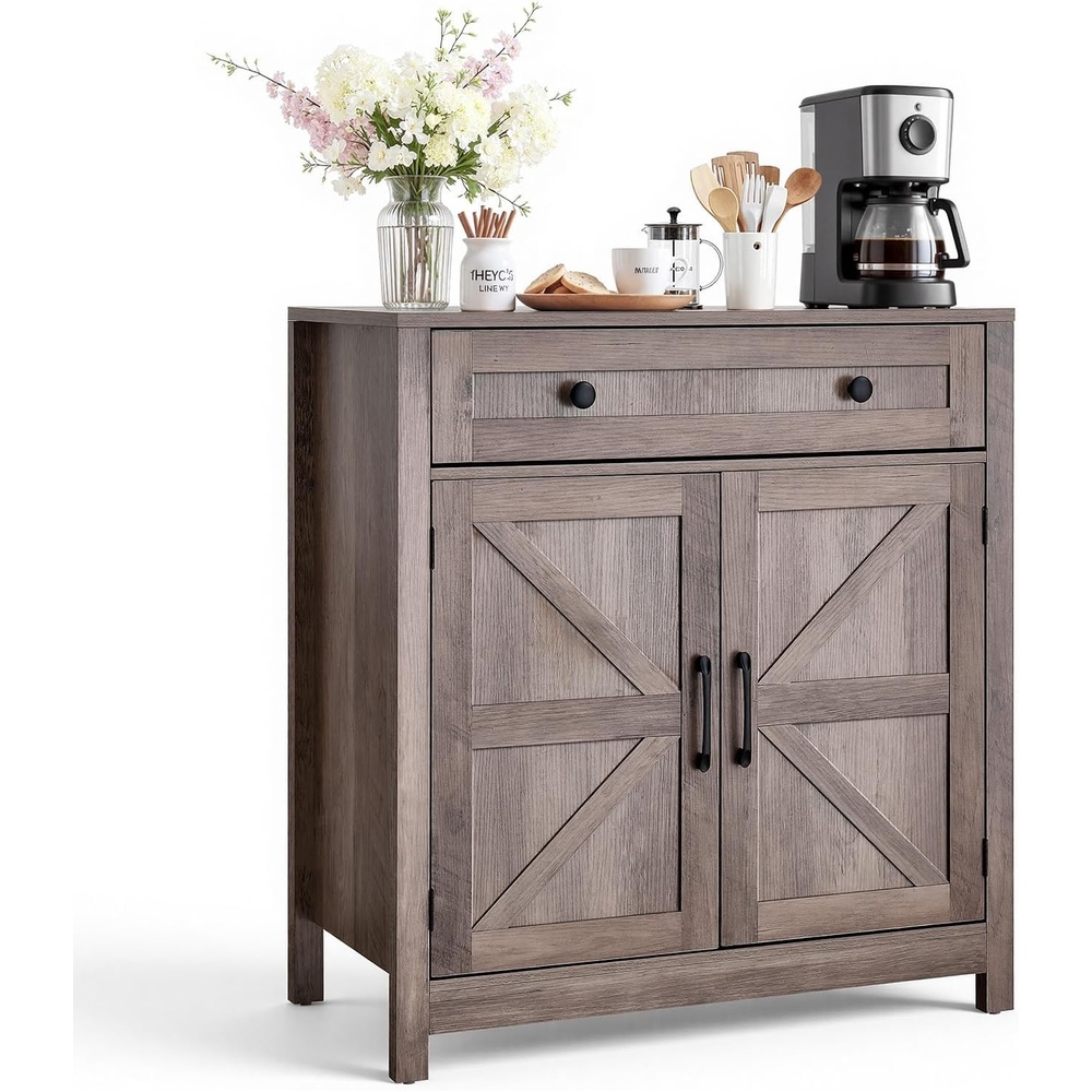 image:imageVEVOR Buffet Cabinet Farmhouse Sideboard Cabinet with Drawer 30 Coffee Bar Cabinet with Adjustable Shelves amp 2 Barn Door Sideboard Buffet Station for Living Room Entryway Kitchen GreyGrey