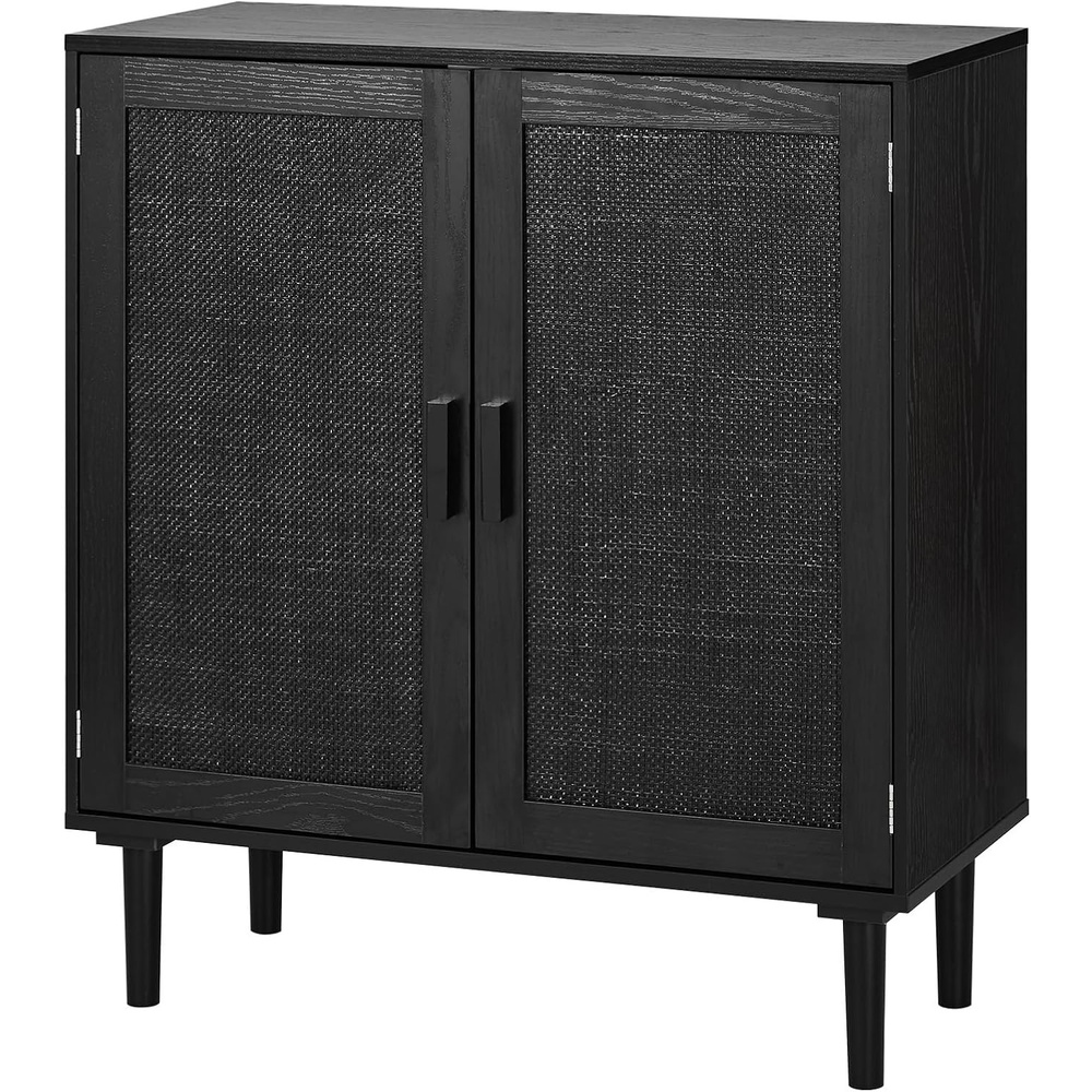 image:imageVEVOR Buffet Cabinet Rattan Sideboard Cabinet with 2 Magnetic Doors and Adjustable Shelves Accent Sideboard Buffet with Wooden Legs amp Power Cord Hole for Hallway Entryway Kitchen BlackPure Black