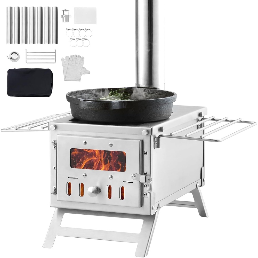 image:imageVEVOR Camping Wood Stove Stainless Steel Camping Tent Stove Portable Wood Burning Stove with Chimney Pipes amp Gloves 1646inFirebox Hot Tent Stove for Outdoor Cooking and Heating with 8 PipesSilver