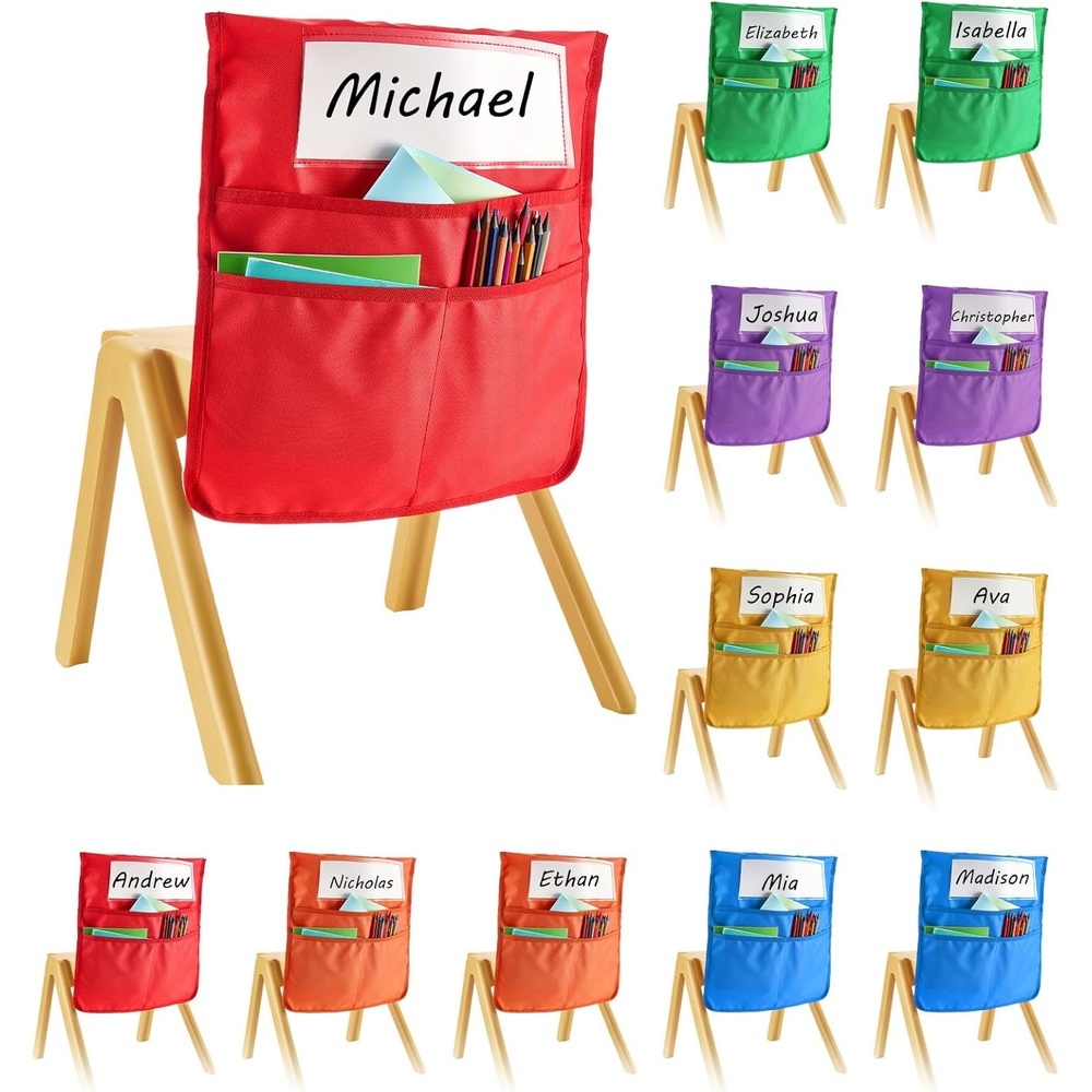 image:imageVEVOR Chair Pockets for Classroom 12 Pack 18 x 20 Inches Chairback Buddy Pocket with Name Tag Back of Chair Organizer for Kids in Classroom Kindergarten School and Home BlackMulticolour 12 Pack
