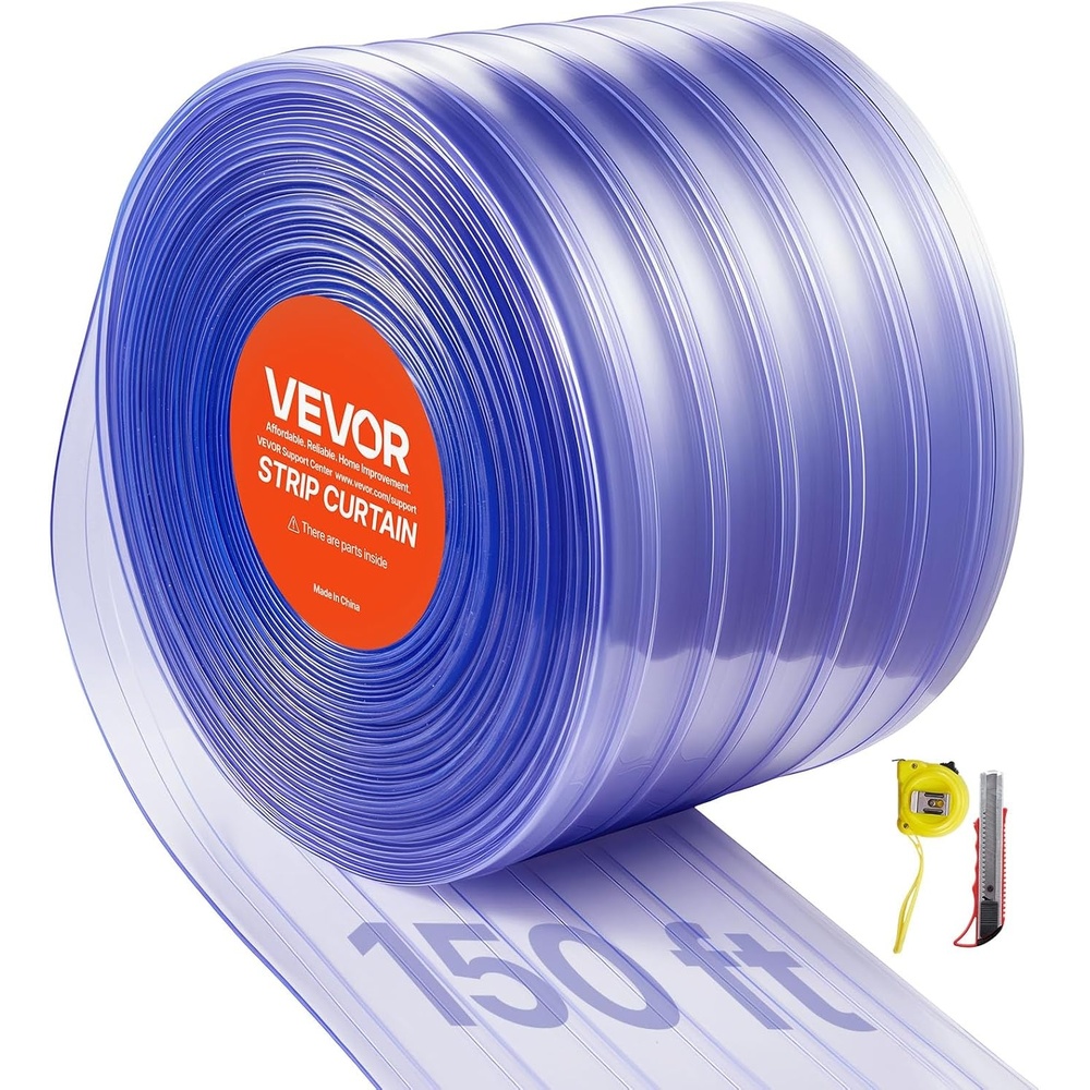 image:imageVEVOR Clear PVC Strip Curtain 50 ft Length x 8 in Width Ribbed Plastic Door Strip Bulk Roll Walk in Freezer Cooler Curtain Strips for Doorways of Supermarket Garage Warehouse Pet Animal House12W x 1800L Pack of 1