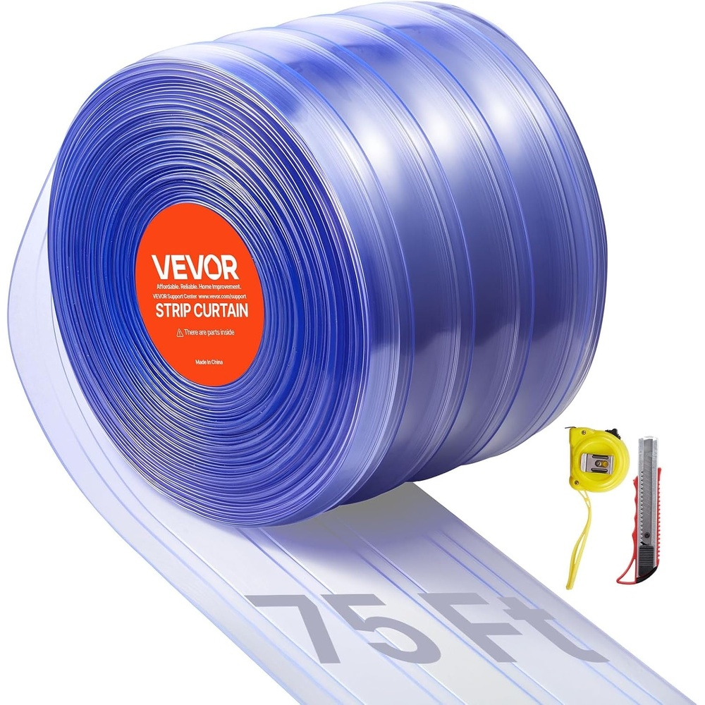 image:imageVEVOR Clear PVC Strip Curtain 50 ft Length x 8 in Width Ribbed Plastic Door Strip Bulk Roll Walk in Freezer Cooler Curtain Strips for Doorways of Supermarket Garage Warehouse Pet Animal House75 L x 8 W