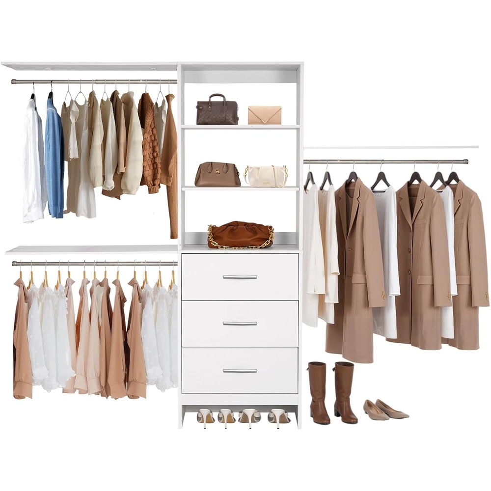 image:imageVEVOR Closet System with 2 Drawers Adjustable Height Wooden Closet Organizers Modern Walkin Wardrobe Organization with 5 Retractable Clothes Hanger Rods Freestanding Garment Rack Storage OakWhite