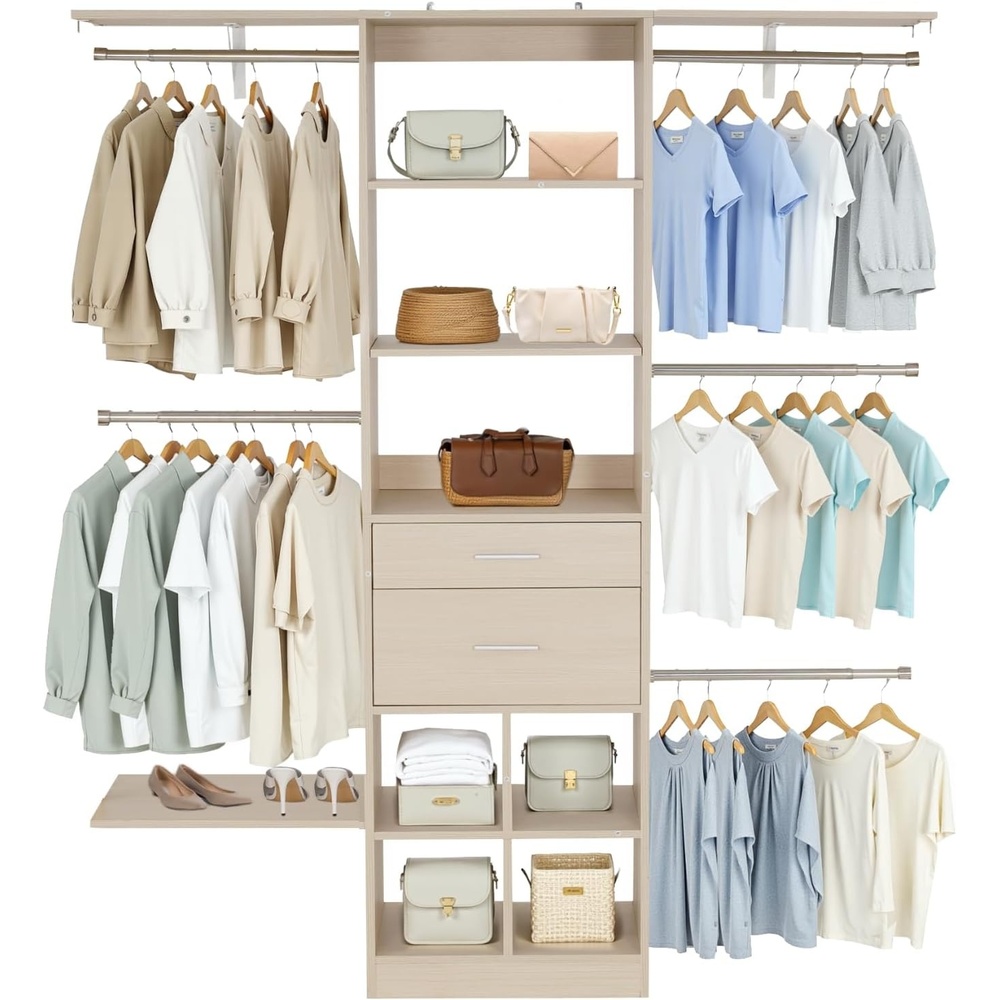 image:imageVEVOR Closet System with 2 Drawers Adjustable Height Wooden Closet Organizers Modern Walkin Wardrobe Organization with 5 Retractable Clothes Hanger Rods Freestanding Garment Rack Storage OakOak