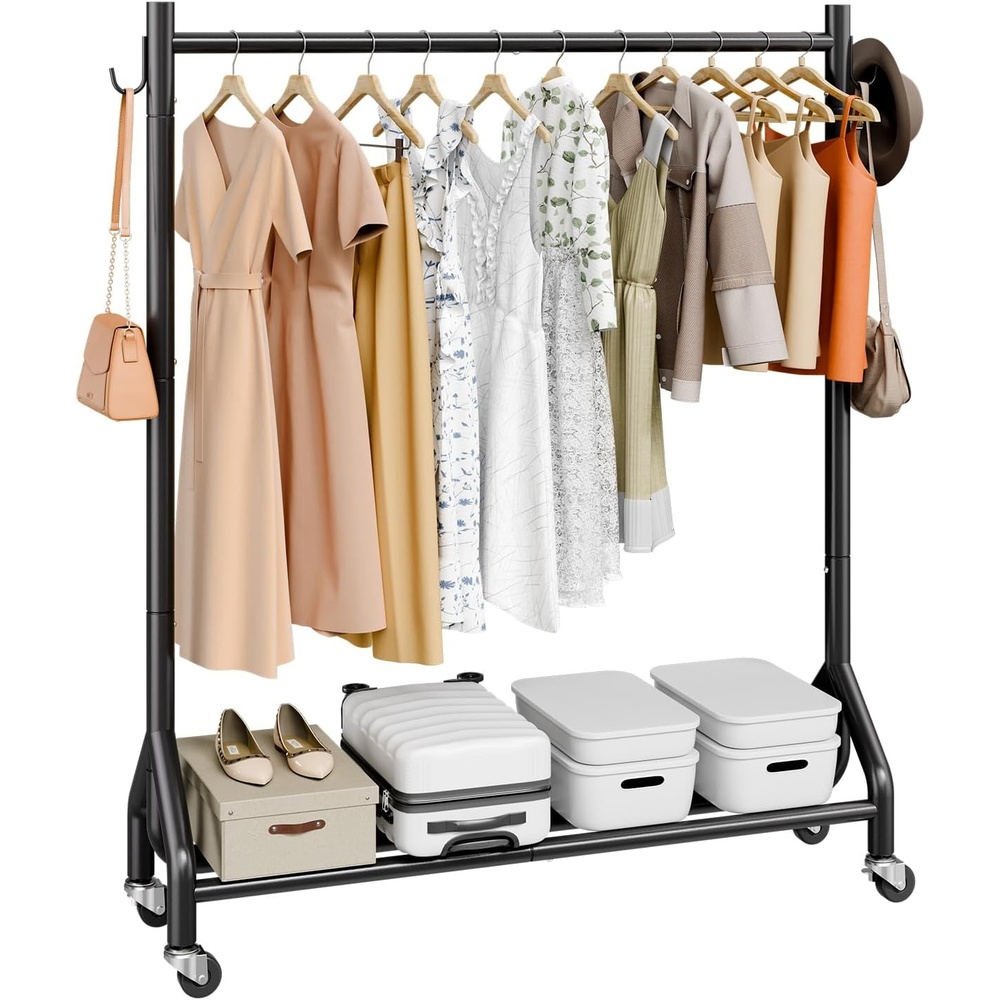image:imageVEVOR Clothes Rack Rolling Clothing Garment Rack with Hanging Rod and Side Hooks 198 lbs Load Capacity Heavy Duty Carbon Steel Clothing Racks with Wheels Ideal for Bedroom Laundry Living Room