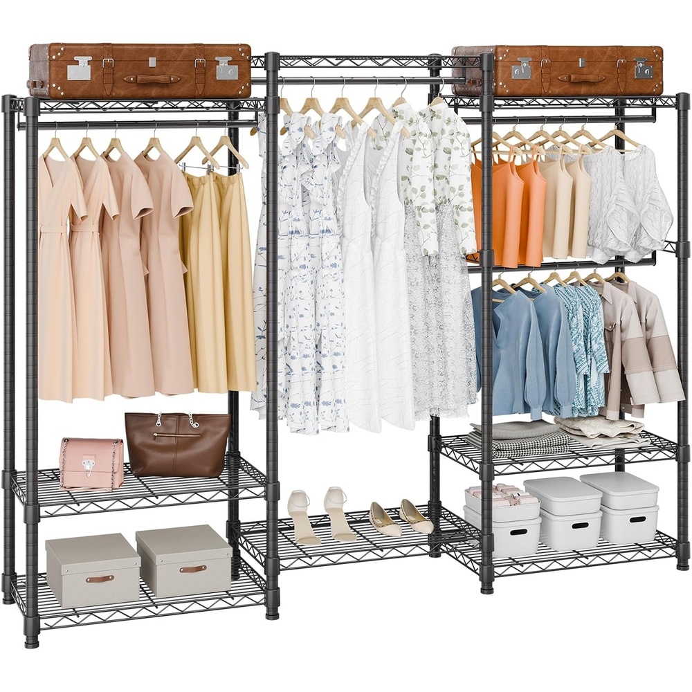 image:imageVEVOR Clothing Garment Rack Heavy Duty Closet Wardrobe Adjustable Tiers Clothes Racks with Steel Frame for Bedroom Clothing Store HallwayBlack