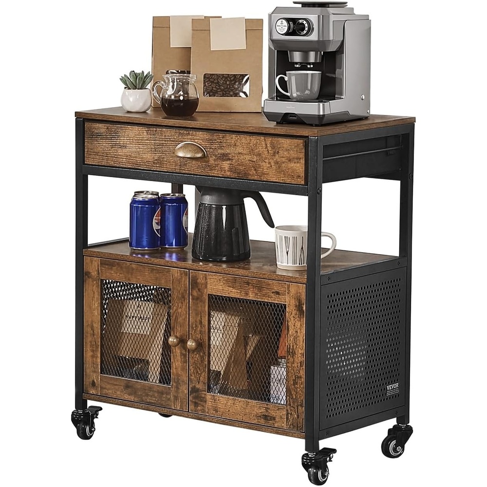 image:imageVEVOR Coffee Bar Cabinet 24 Inch Farmhouse Bar Cabinet with Storage Movable Coffee Table with Wheels amp Mesh Door Sideboard Buffet for Kitchen Entryway