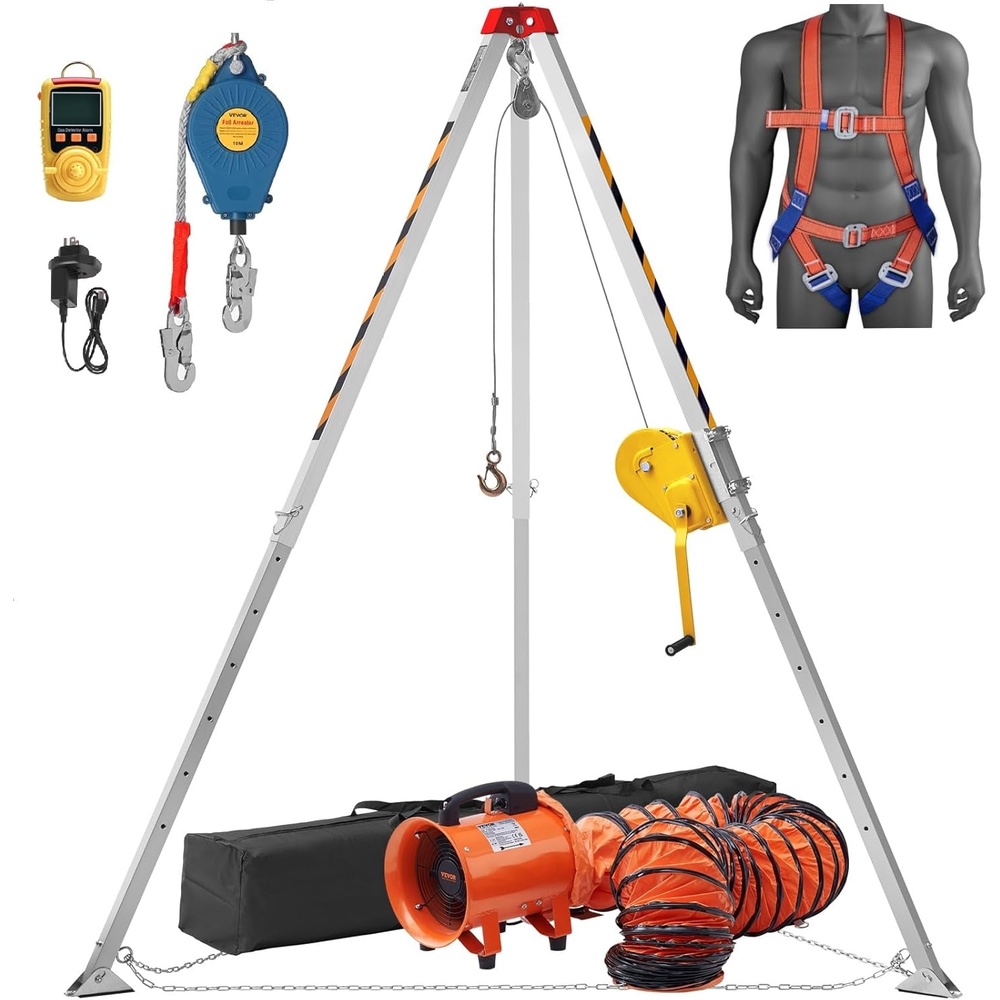 image:imageVEVOR Confined Space Tripod Kit Heavy Duty Rescue Tripod Lifting Hoist 1200 lbs Winch 41 ft Adjustable Legs 985 ft Cable Portable Kit 328 ft Fall Protection 440705 ft Working Height2600lbs  Harness  Blower  Gas detector