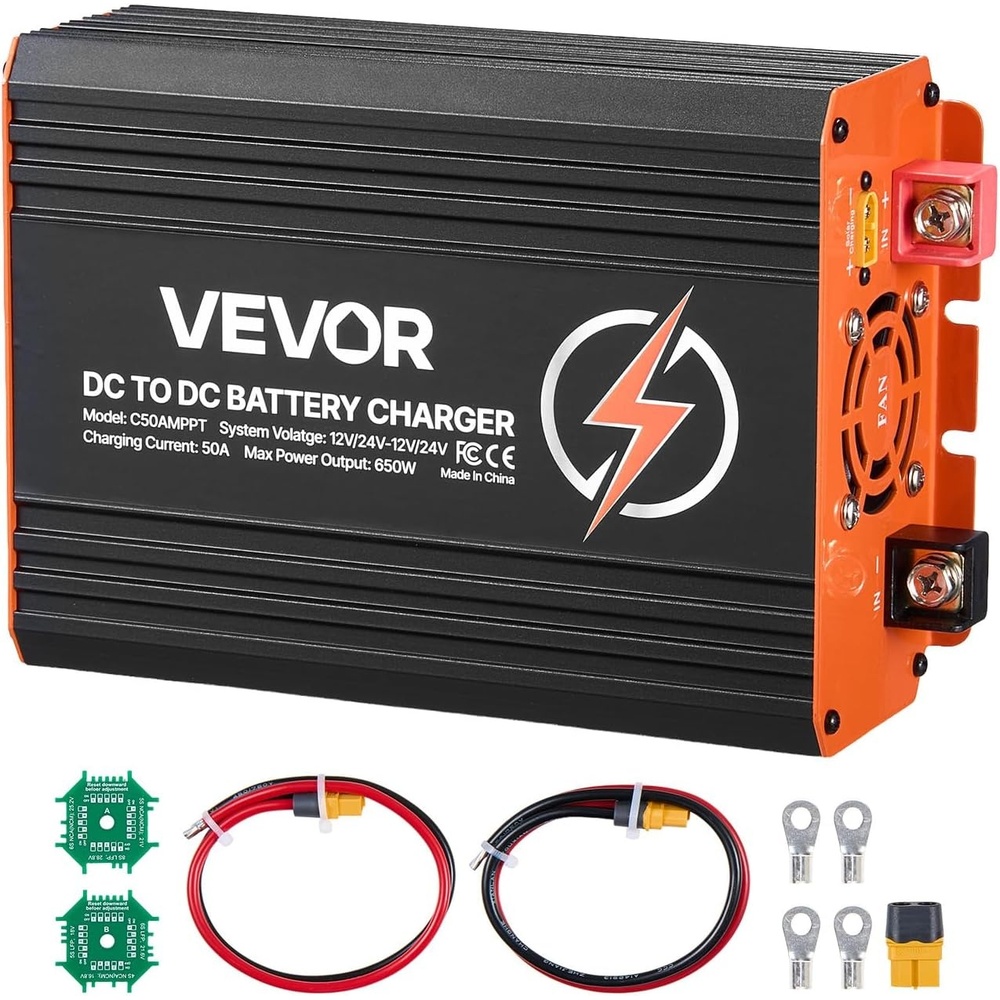image:imageVEVOR DC to DC Charger with MPPT 650W 50A OnBoard Battery Charger Solar PanelAlternator Dual Input Smart MultiStage Charging for LiFePO4 LeadAcid Batteries 12V24V12V24V for RV Home Backup925 x 571 x 276 in