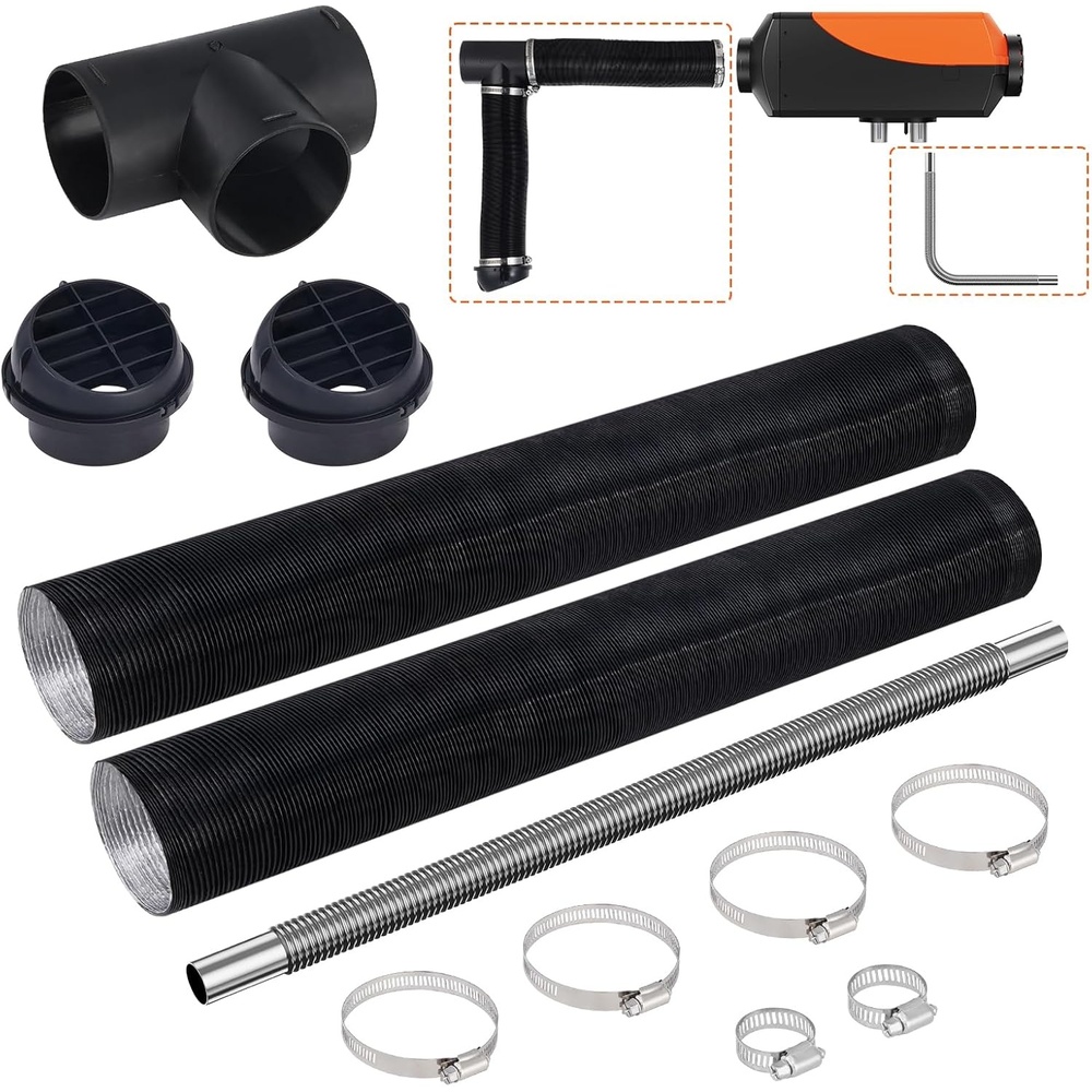 image:imageVEVOR Diesel Heater Pipe Ducting Set 3 Extendable Air Duct Hose 1 Stainless Steel Exhaust Pipe 2 Air Vents Tee Air Outlet Connector and Hose Clamps for 2KW5KW8KW Diesel Parking HeatersDiesel Heater Pipe Ducting Set