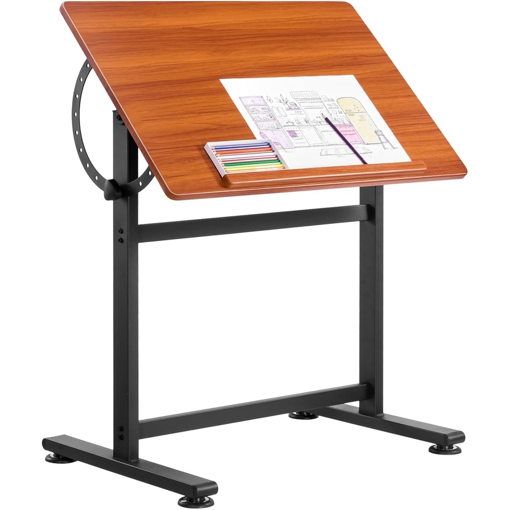 image:imageVEVOR Drafting Table Adjustable 090 Tilt Drawing Desk Portable Artist Table with Black HFrame and Brown Desktop Wooden Painting Desk Craft Workstation for Reading Writing Crafting Meeting