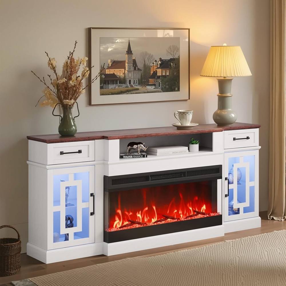 image:imageVEVOR Electric Fireplace TV Stand Corner TV Stand for TVs up to 50 Corner Console with 18 Fireplace Vintage Design 20 LED Lights Remote Control amp Timer for Living Room BrownWhite