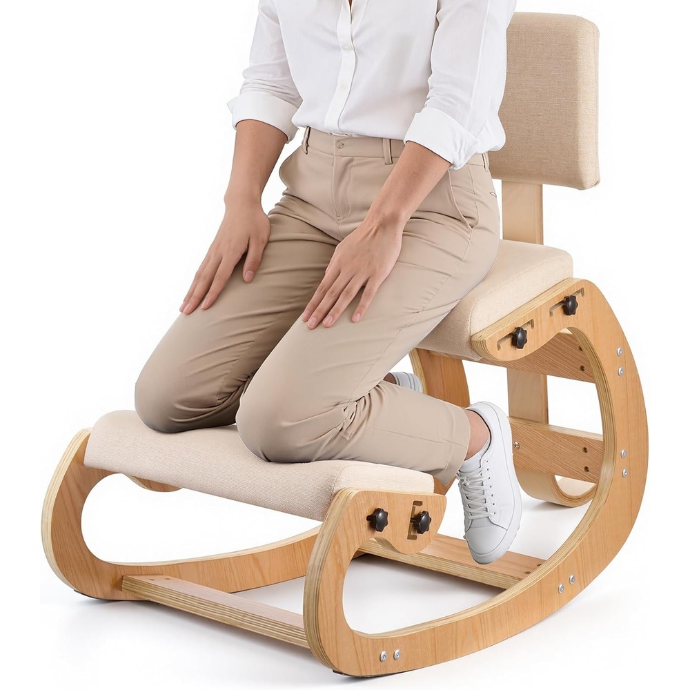 image:imageVEVOR Ergonomic Kneeling Chair Wooden Posture Knee Chair with Adjustable Thick Foam Cushions amp Solid Wood Frame Adjustable Height Relief for Neck or Back Pain for Home Office or Meditation BlackBeige