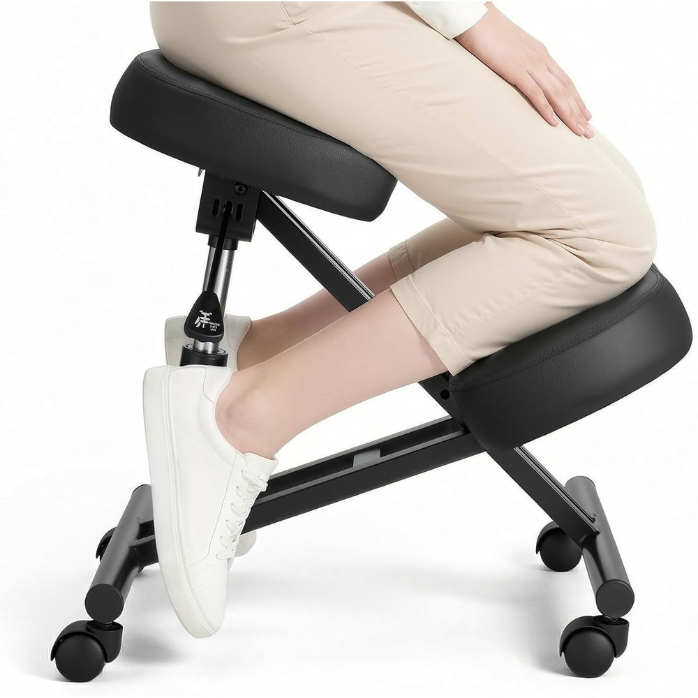 image:imageVEVOR Ergonomic Kneeling Chair with Wheels Mobile XShaped Posture Knee Chair with Adjustable Height amp Thick Foam Cushions Natural Relief for Neck or Back Pain for Home Office or Meditation BlackOpen Back