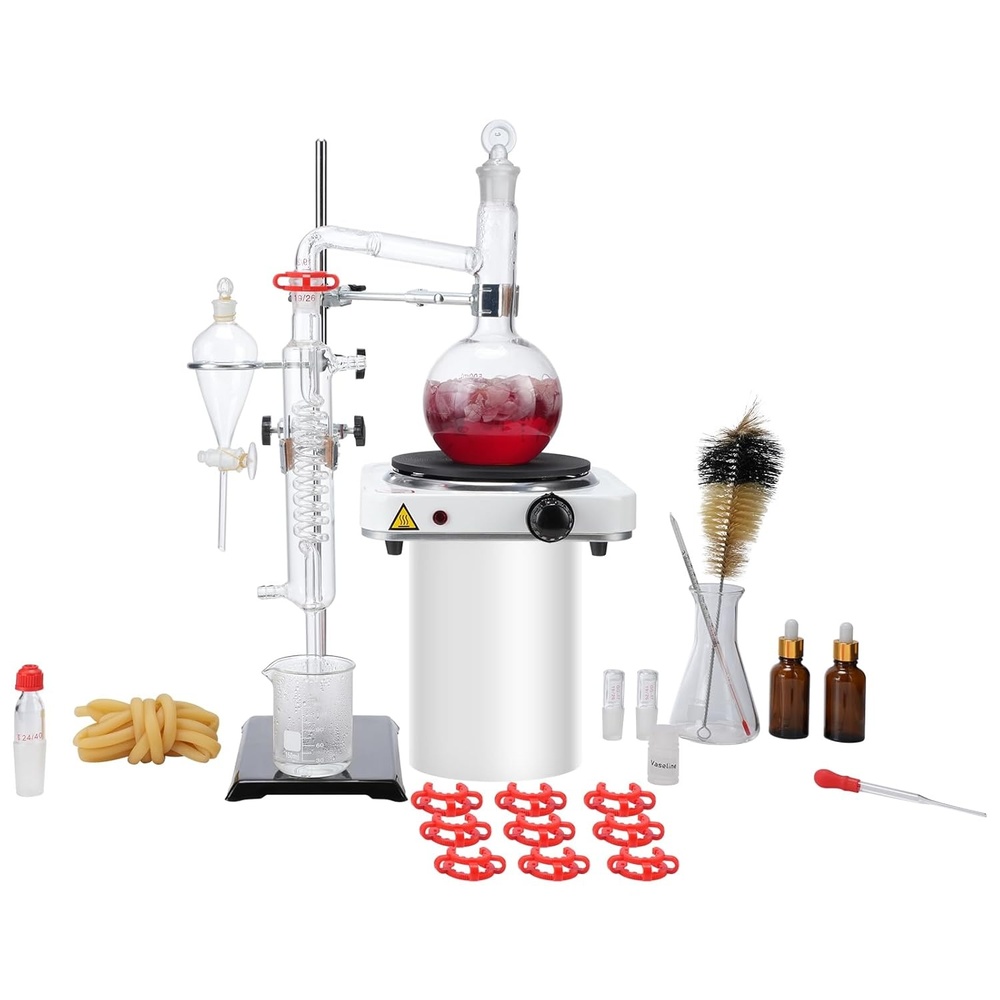 image:imageVEVOR Essential Oil Distillation Kit 500ml Distillation Apparatus 33 Boro Lab Glassware Distillation Kit with Alcohol Lamp Ceramic Mesh and 24 40 Joint 28 pcs Set500ml  33 pcs Set with 1000W Heating Plate
