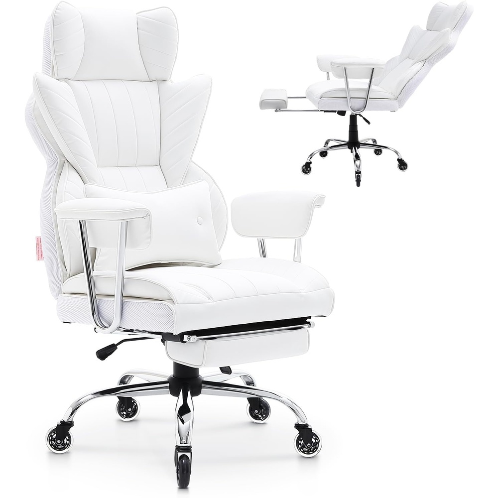 image:imageVEVOR Executive Office Chair with Footrest 400lb Capacity Oversize Office Chair with Lumbar Pillow amp Removable Armrests Heavy Duty Ergonomic Chair PU Leather Reclining Home Office Desk Chair BrownWhite