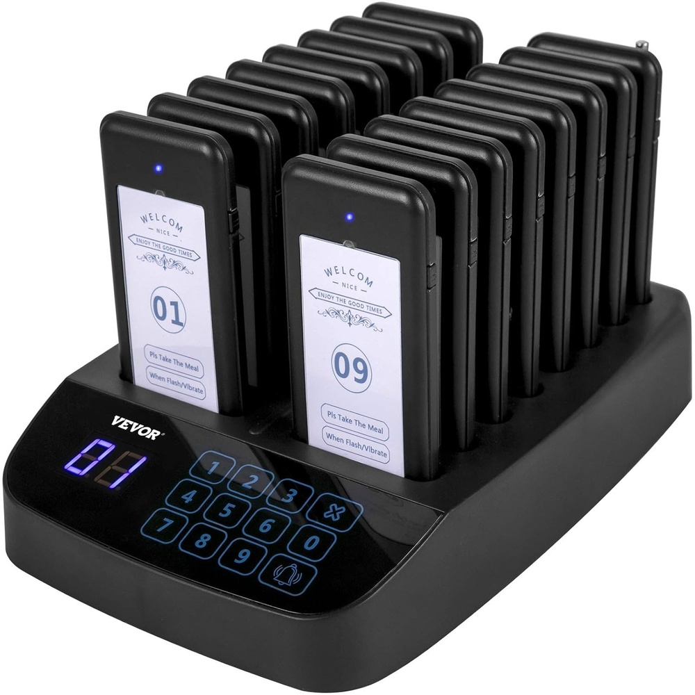 image:imageVEVOR F101 Restaurant Pager System 16 Pagers Max 98 Beepers Wireless Calling System Touch Keyboard with Vibration Flashing and Buzzer for Church NurseHospital amp Hotel