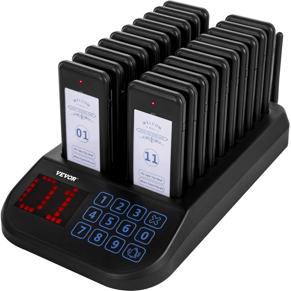 image:imageVEVOR F103 Restaurant Pager System 20 Pagers Max 98 Beepers Wireless Calling System Touch Keyboard with Vibration Flashing and Buzzer for Church NurseHospital amp Hotel