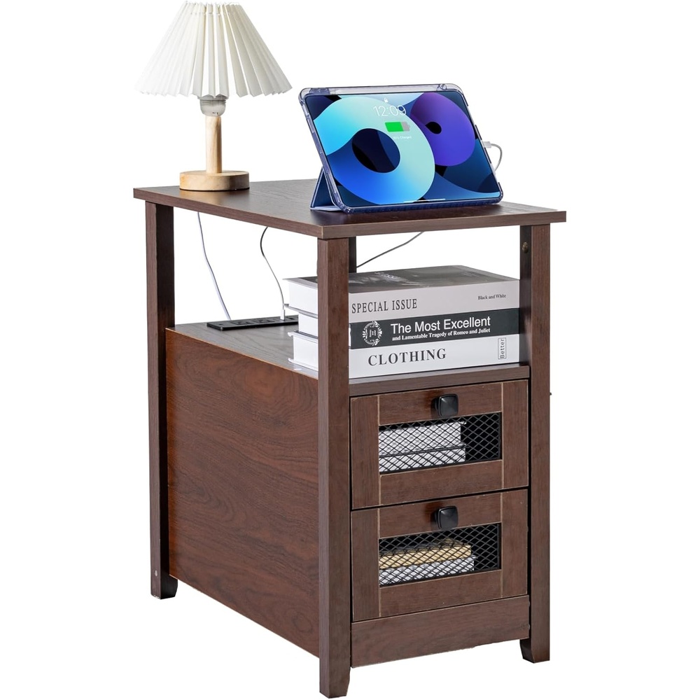 image:imageVEVOR Farmhouse End Table Narrow Night Stand with USB Ports and Outlets 4 Tiers End Table Side Table with Storage Cabinet and 2 Drawers Ideal for Living Room Bedroom Office Brown