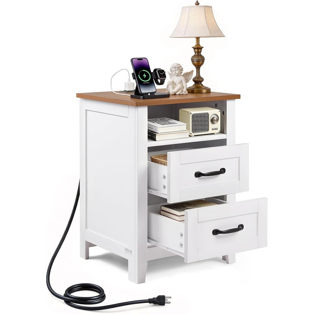 image:imageVEVOR Farmhouse Nightstand Set of 2 20 Wide End Table with Charging Station Rustic Side Table with Drawer and Storage Cabinet Bedside Table for Bedroom 5 Ports  ACUSBATypeC Oak GrayWhite