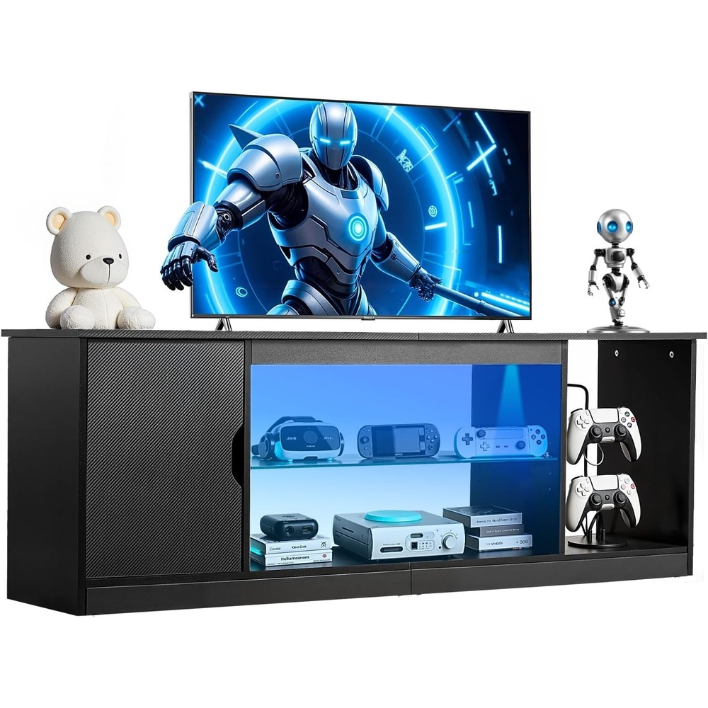 image:imageVEVOR Farmhouse TV Stand for 65 inch TVs LED Entertainment Center with Glass Doors Rustic Wood TV Cabinet with Adjustable Storage Shelves Media Console for Living Room Bedroom GrayCarbon Black
