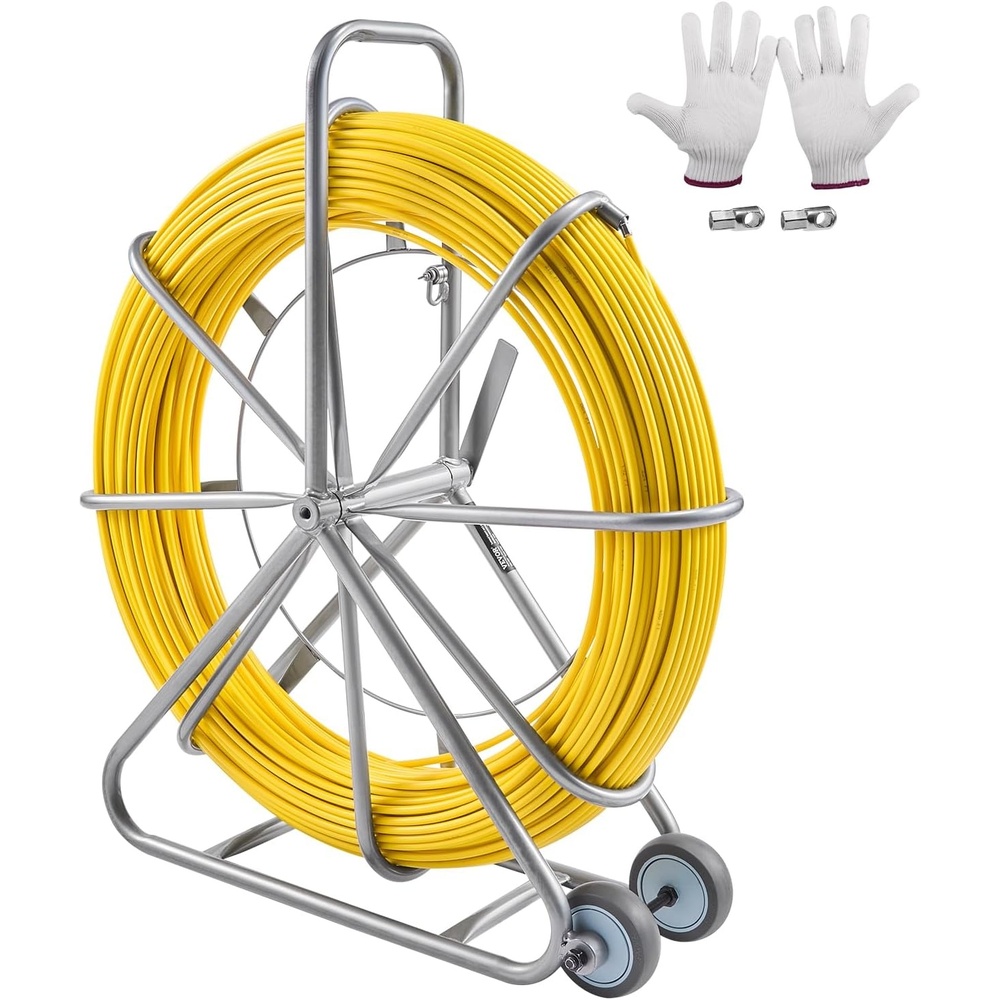 image:imageVEVOR Fish Tape Fiberglass 656 ft 516 in Duct Rodder Fishtape Wire Puller Cable Running Rod with Steel Reel Stand 3 Pulling Heads Fishing Tools for Walls and Electrical Conduit NonConductive516inch 656FT