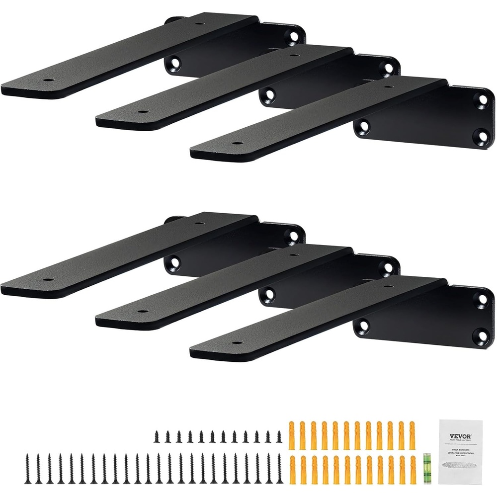 image:imageVEVOR Floating Shelf Brackets 12 Inch 6 Pack Heavy Duty Shelf Brackets Brackets for Shelves 15 Thick Black Metal L Shelf Bracket Steel Shelving Brackets with 160 lbs Load CapacityBlack