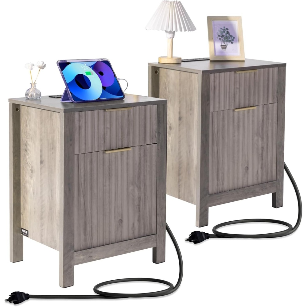 image:imageVEVOR Fluted Nightstand 3 Drawer Dresser 24 Wide Bedside Table with Charging Station Mid Century Modern Night Stand with Metal Handle USBATypeC Ports Wood Bed Side Table for BedroomOak Gray