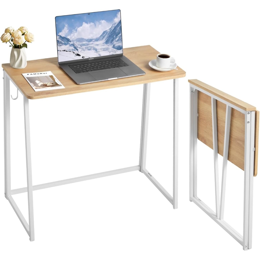 image:imageVEVOR Folding Desk 315 Foldable Table for Small Spaces with Storage Hooks Space Saving Computer Table Writing Workstation for Home Office Easy Assembly Oak
