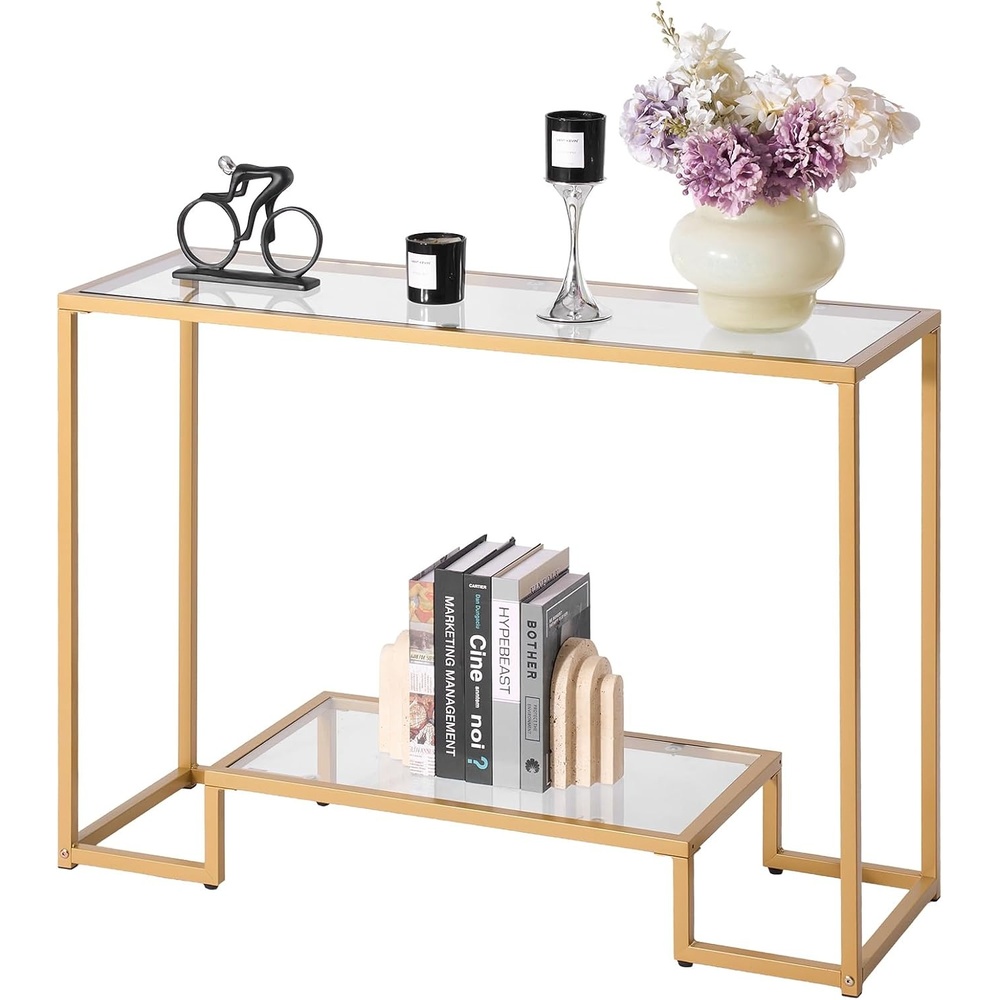 image:imageVEVOR Glass Console Table 394 Inch Entryway Table Modern Rectangle Sofa Table with Tempered Glass Top and Iron Legs Golden Consloe Desk for Living Room Hallway EntrywayGolden