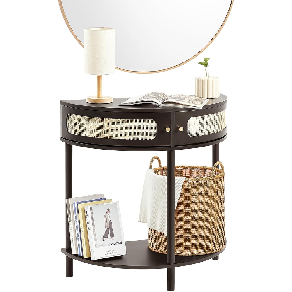 image:imageVEVOR HalfMoon Rattan Console Table with 2 Drawers Rattan Entryway Table with Natural Rattan Sliding Door Console Table with Storage for Living Room Study Entryway Or TV Wall Black