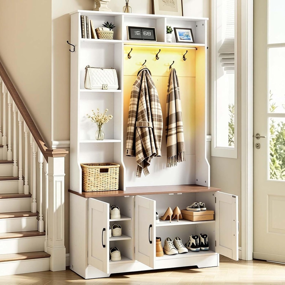 image:imageVEVOR Hall Tree Entryway Bench Coat Rack with Shoe Storage 32 Wide Mudroom Bench with Seating and Adjustable Shelves 5 Hanging Hooks and 4 Storage Drawers for Mudroom Entryway Hallway394 x 138 x 689 in