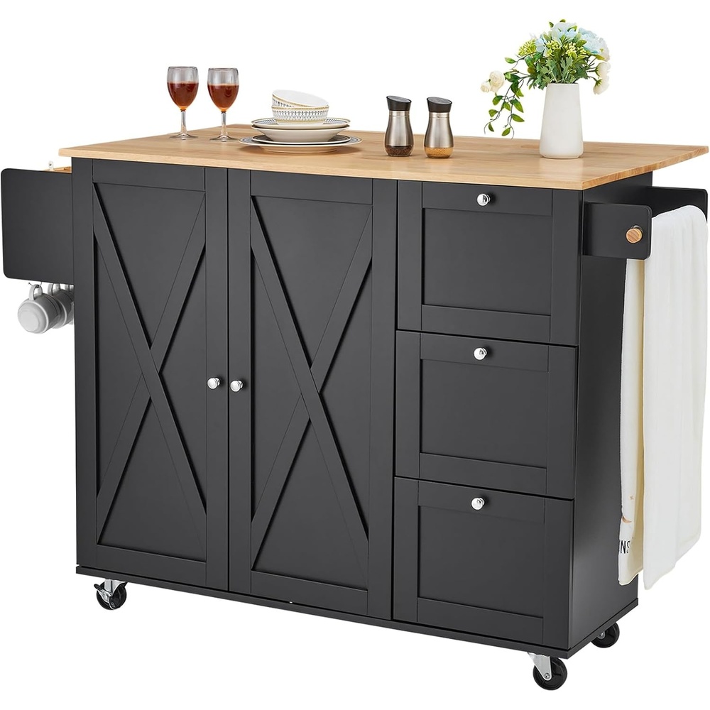 image:imageVEVOR Kitchen Island Cart with Solid Wood Top and Storage Cabinet Mobile Rolling Table with Drop Leaf Drawers Spice Towel Rack Portable Islands on Swivel Wheels for Dining Room 52in Width White453 W