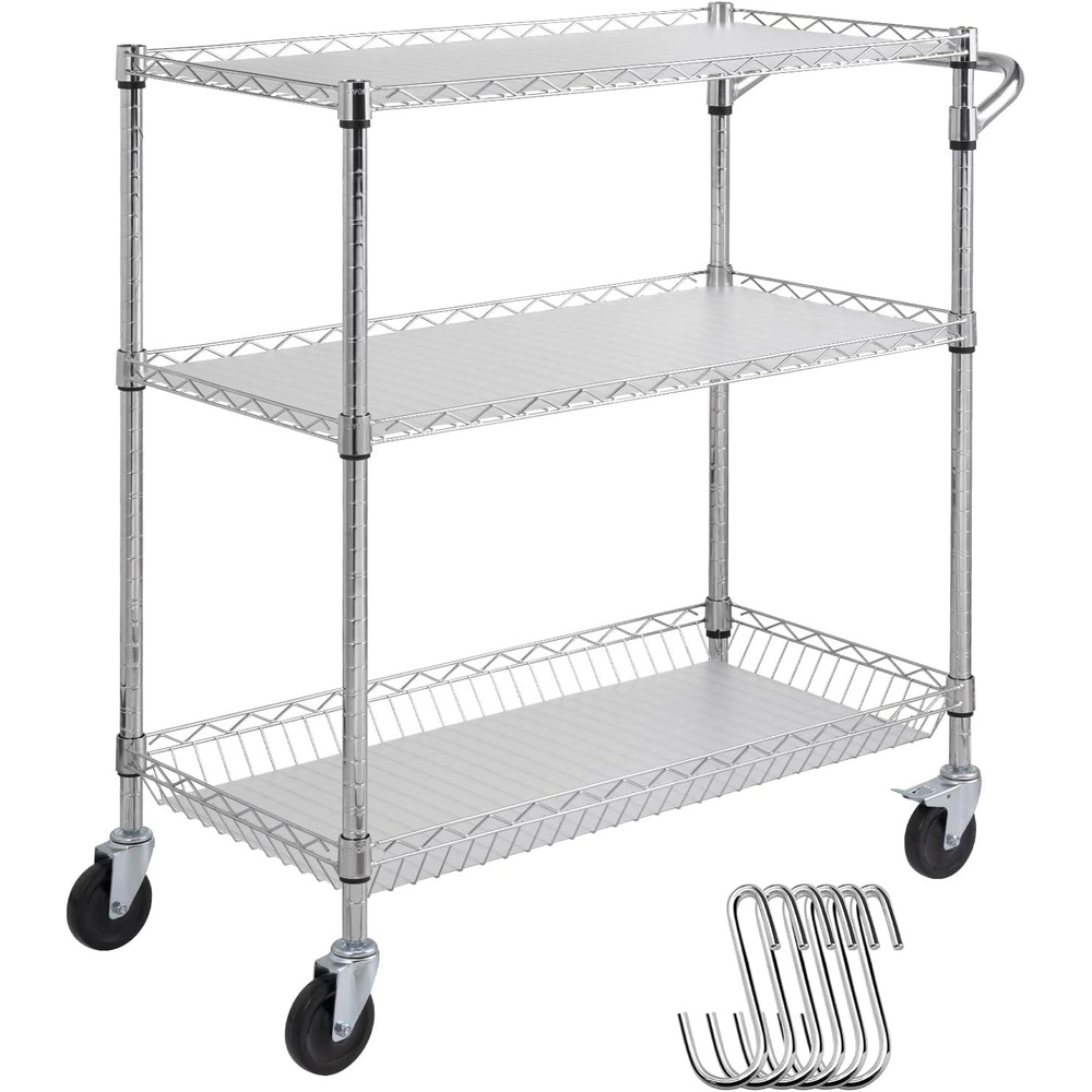 image:imageVEVOR Kitchen Utility Cart 3 Tiers Wire Rolling Table with 661 LBS Capacity Steel Service Desk on Wheels Metal Storage Trolley with 80 mm Deep Basket Curved Handle PP Liner 6 Hooks18D x 35W x 409H